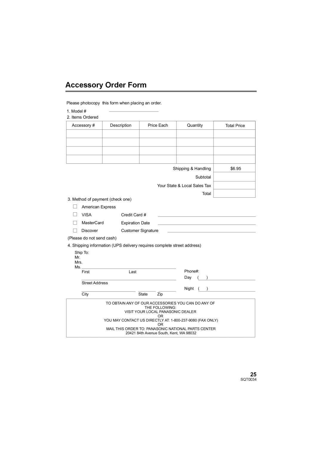 Panasonic HC-V130P owner manual Accessory Order Form, Visa 