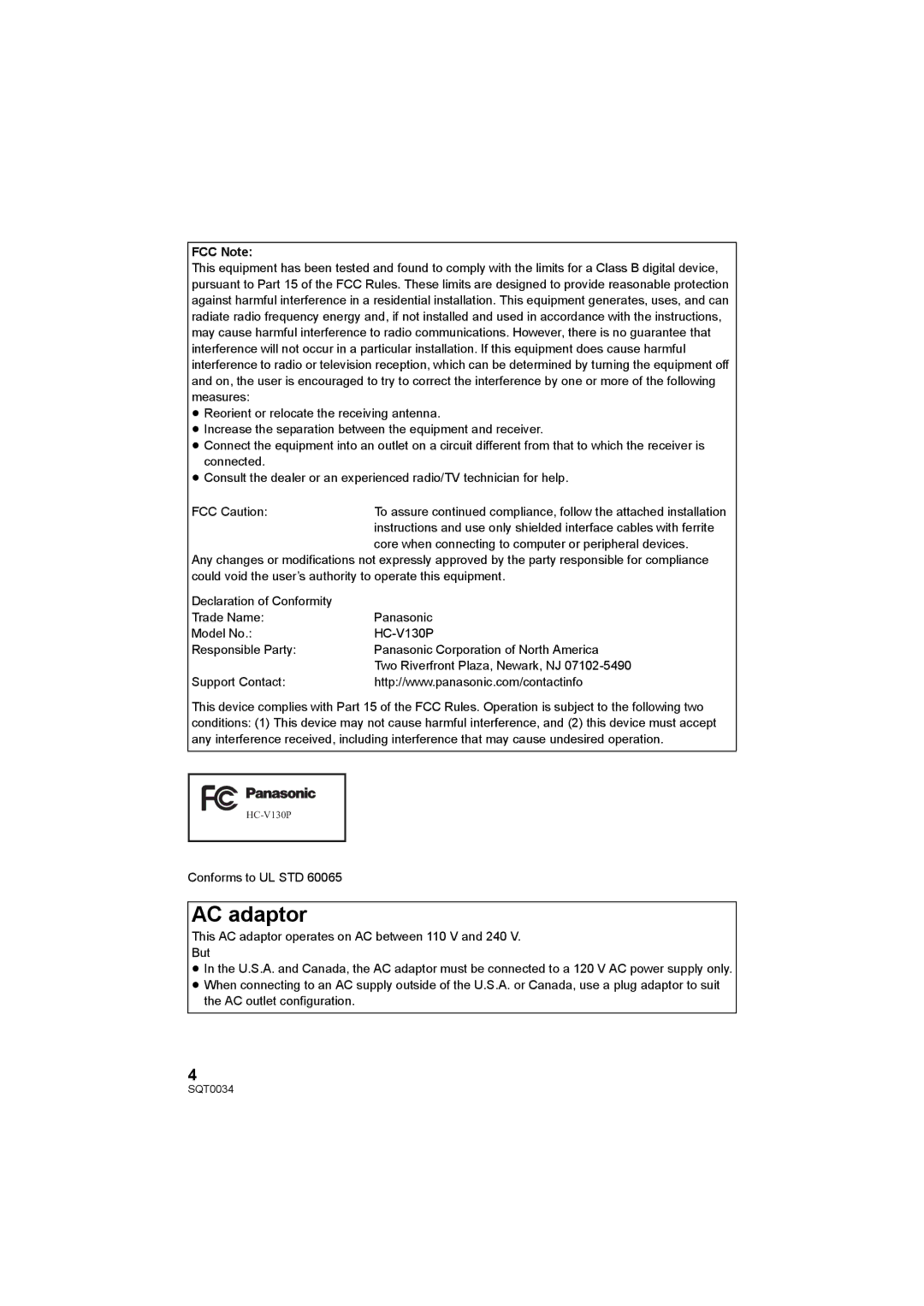 Panasonic HC-V130P owner manual AC adaptor, FCC Note 