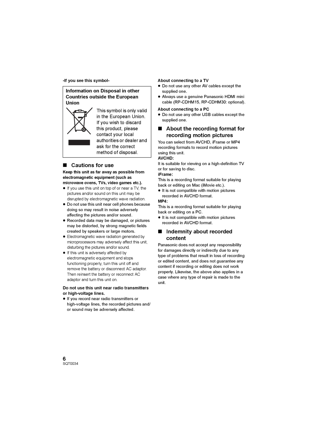 Panasonic HC-V130P owner manual About the recording format for Recording motion pictures, Indemnity about recorded Content 