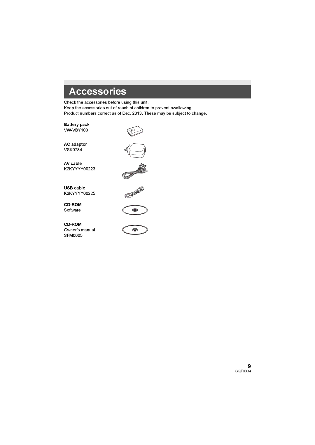 Panasonic HC-V130P owner manual Accessories, Check the accessories before using this unit 