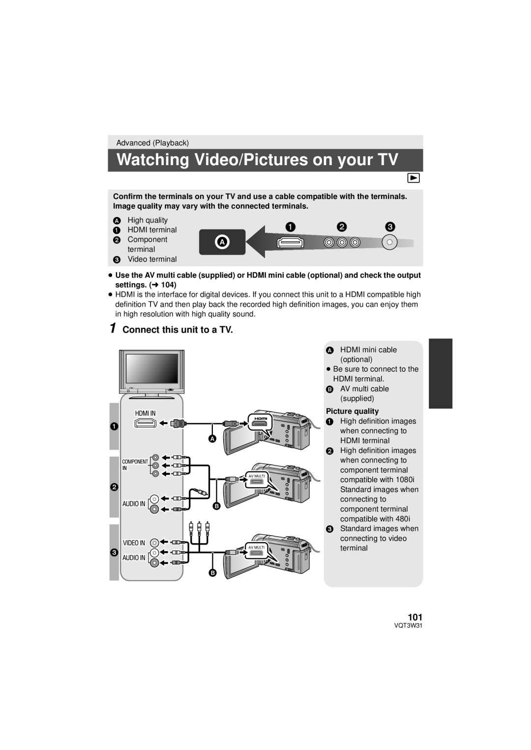 Panasonic HC-V500M owner manual Watching Video/Pictures on your TV, Connect this unit to a TV, 101, Picture quality 