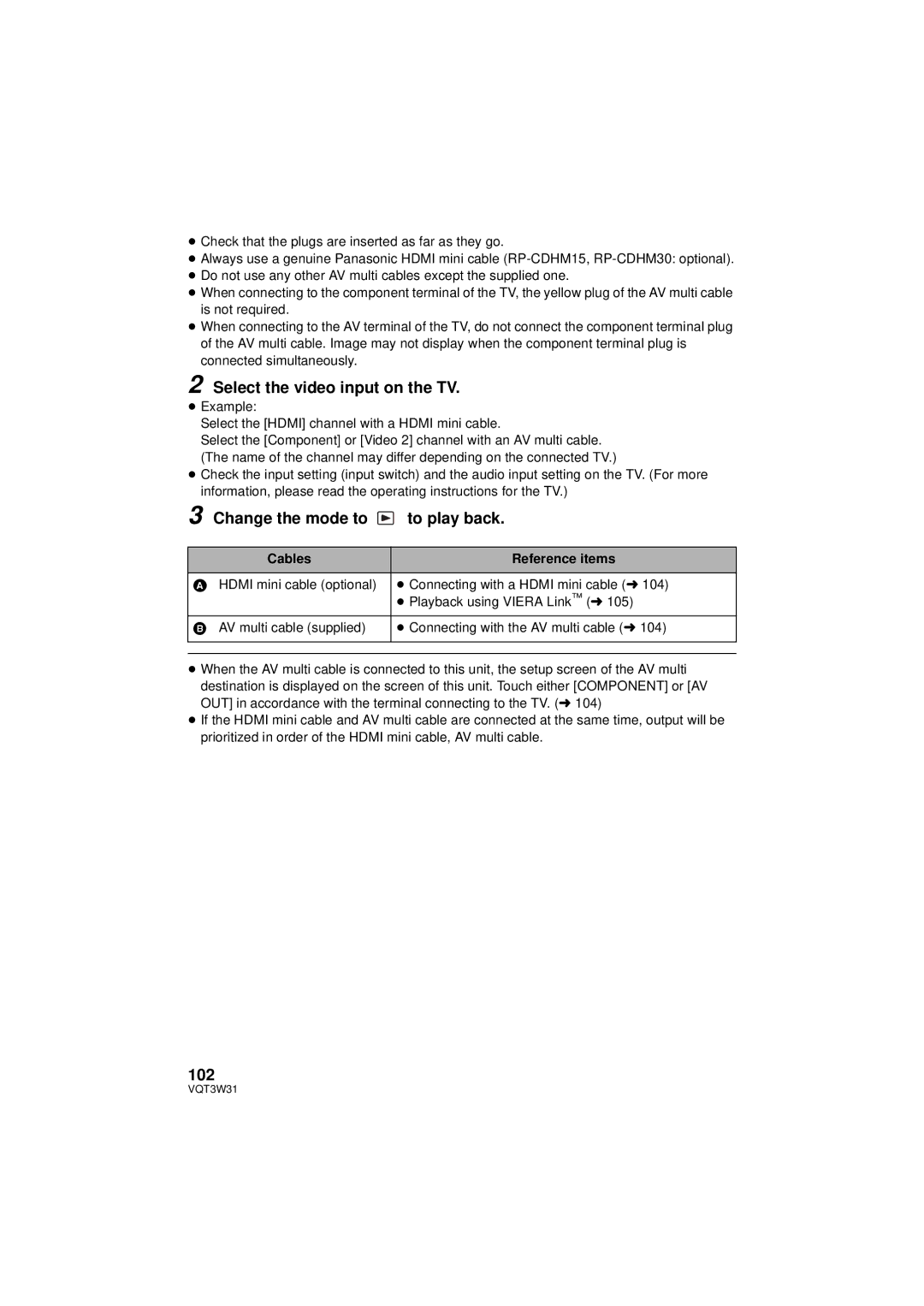 Panasonic HC-V500M Select the video input on the TV, Change the mode to to play back, 102, Cables Reference items 