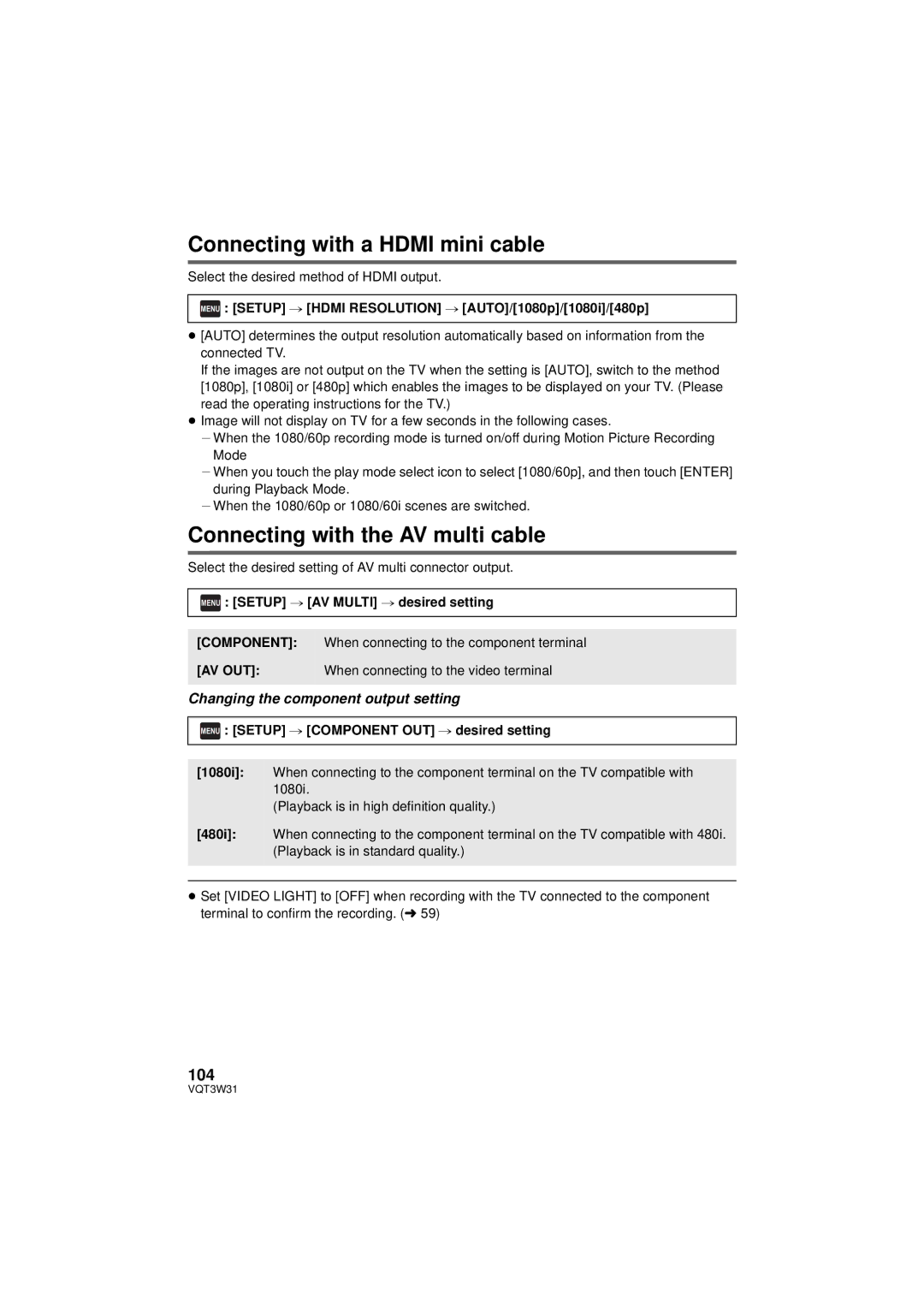 Panasonic HC-V500M owner manual Connecting with a Hdmi mini cable, Connecting with the AV multi cable, 104 