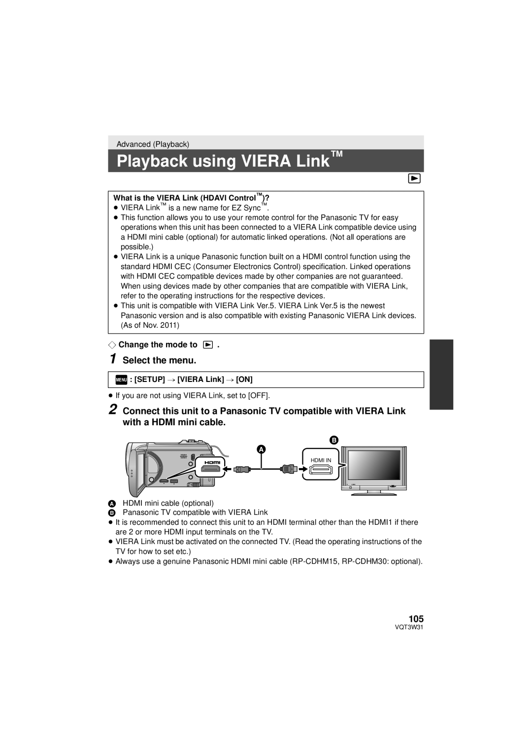 Panasonic HC-V500 Playback using Viera Link, 105, What is the Viera Link Hdavi Control?, Menu Setup # Viera Link # on 