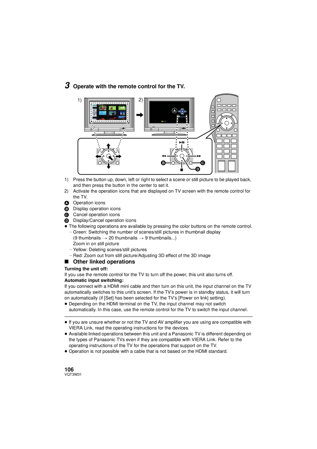 Panasonic HC-V500M Operate with the remote control for the TV, Other linked operations, 106, Turning the unit off 