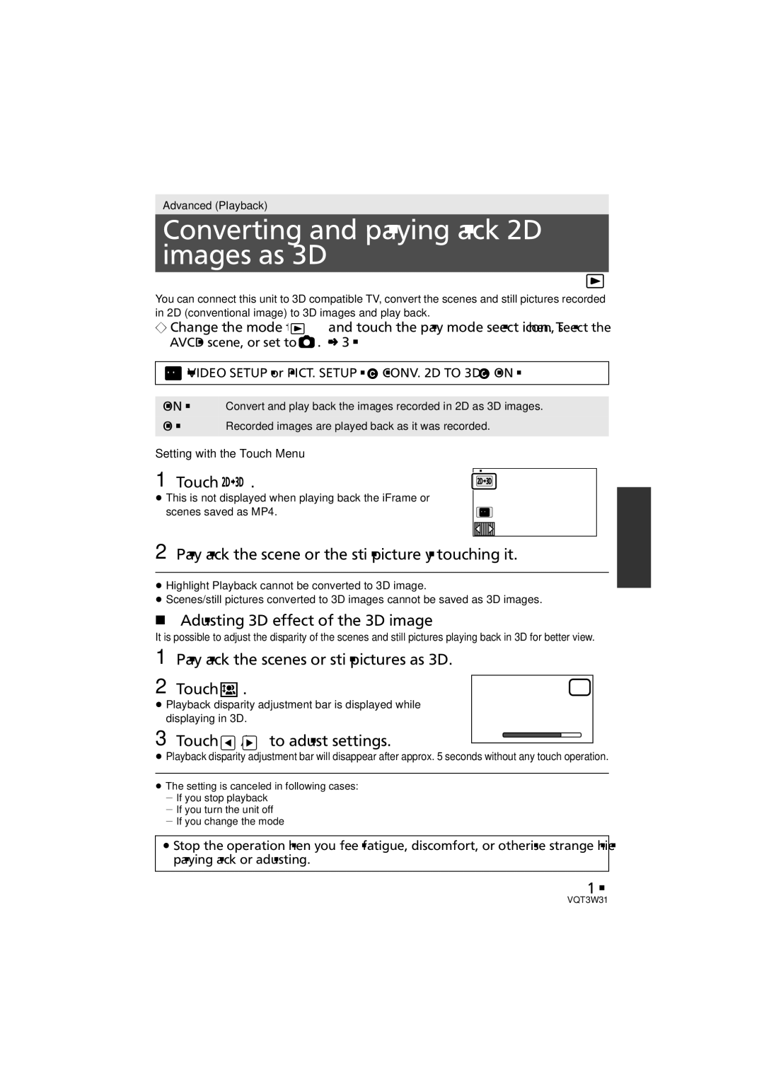 Panasonic HC-V500 Converting and playing back 2D images as 3D, Play back the scene or the still picture by touching it 