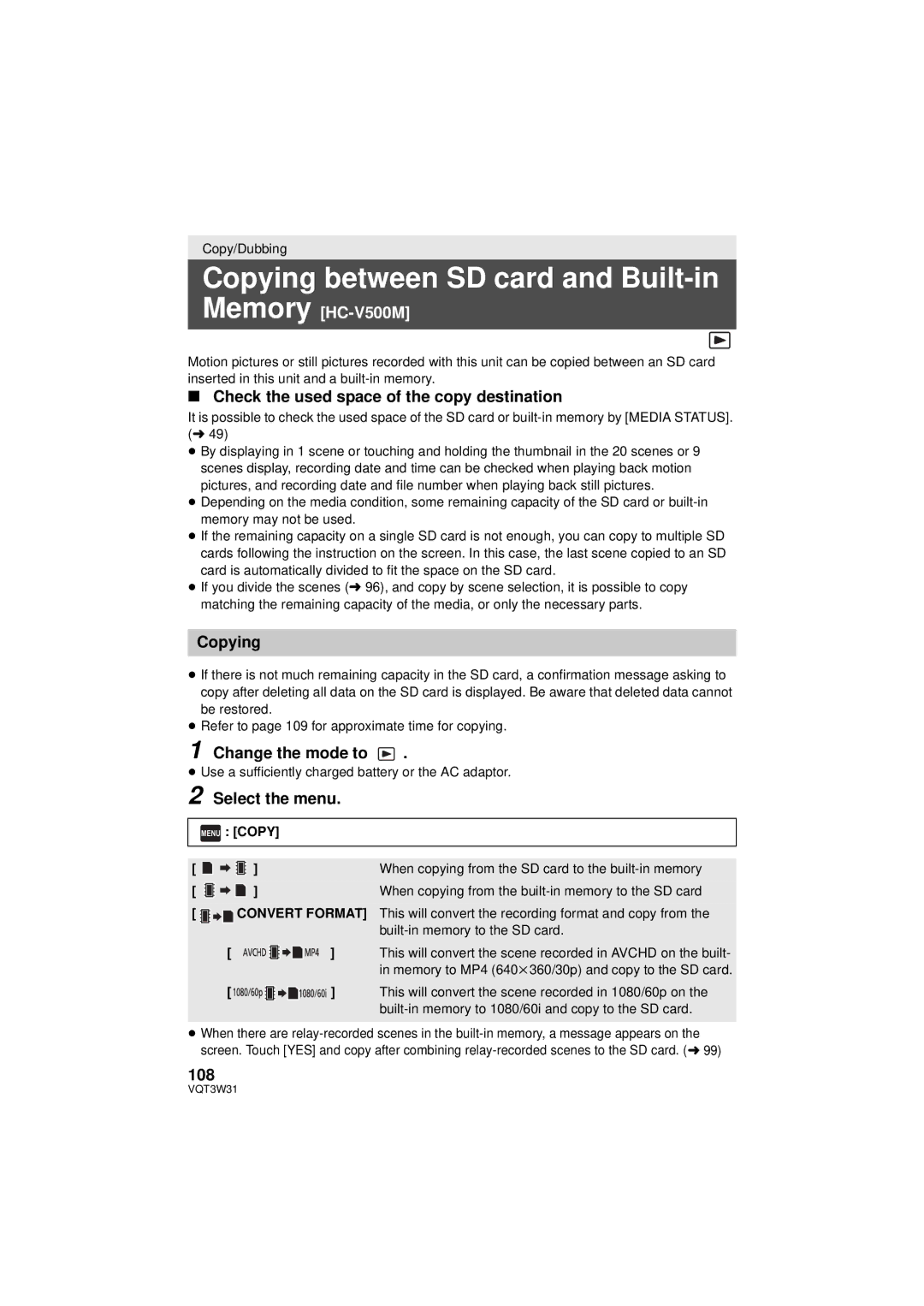 Panasonic HC-V500M Copying between SD card and Built-in Memory, Check the used space of the copy destination, 108 