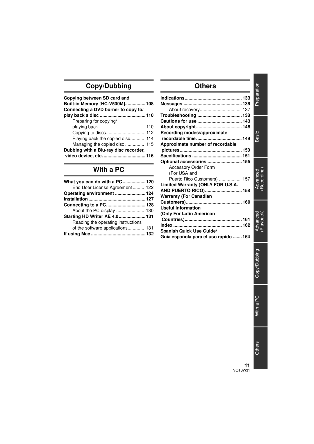 Panasonic HC-V500M Copying between SD card, 108, Connecting a DVD burner to copy to, 120, 124, 127, 128, 131, 132 