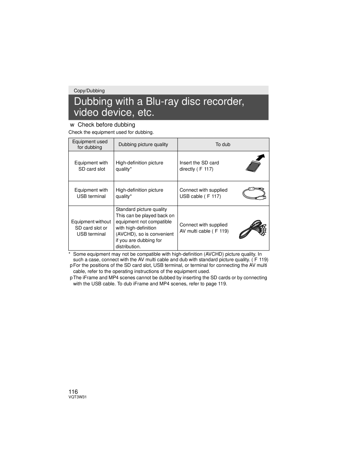 Panasonic HC-V500M owner manual Dubbing with a Blu-ray disc recorder, video device, etc, Check before dubbing, 116 