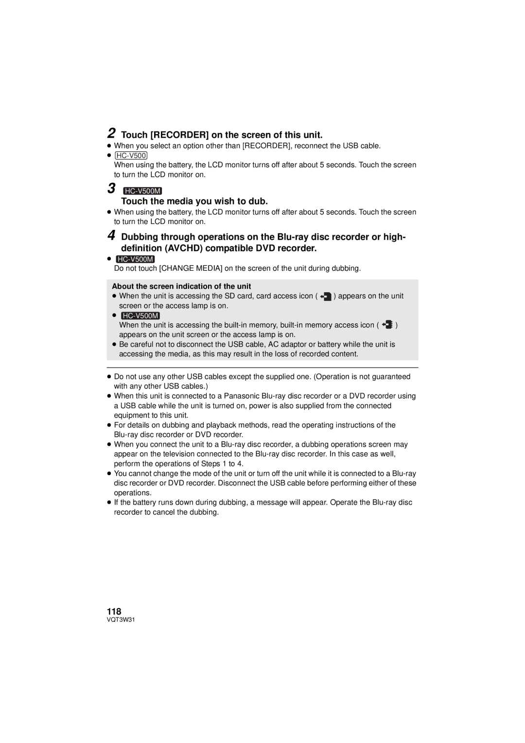 Panasonic HC-V500M owner manual Touch Recorder on the screen of this unit, Touch the media you wish to dub, 118 