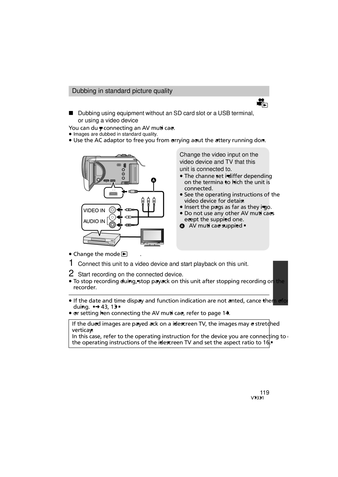 Panasonic HC-V500M 119, You can dub by connecting an AV multi cable, ≥ Images are dubbed in standard quality 