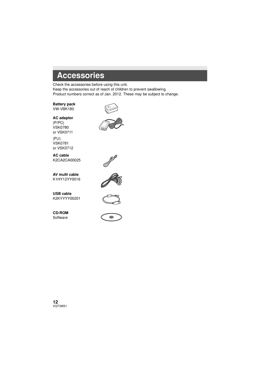 Panasonic HC-V500M owner manual Accessories, Cd-Rom 