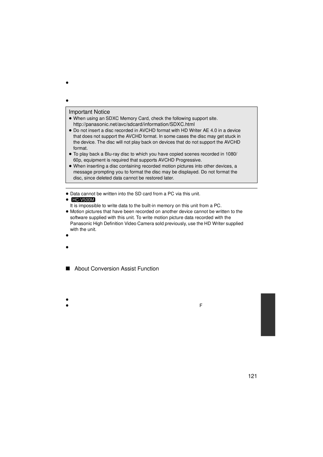 Panasonic HC-V500M owner manual About Conversion Assist Function, 121 