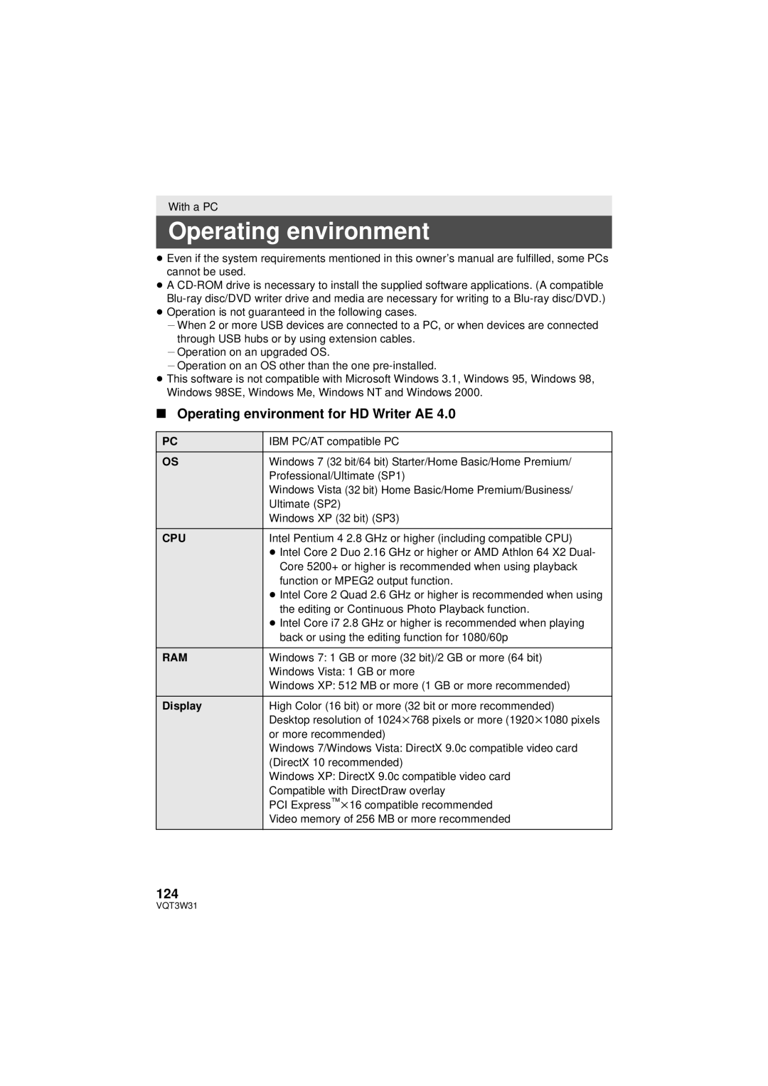 Panasonic HC-V500M owner manual Operating environment for HD Writer AE, 124, Cpu, Ram 