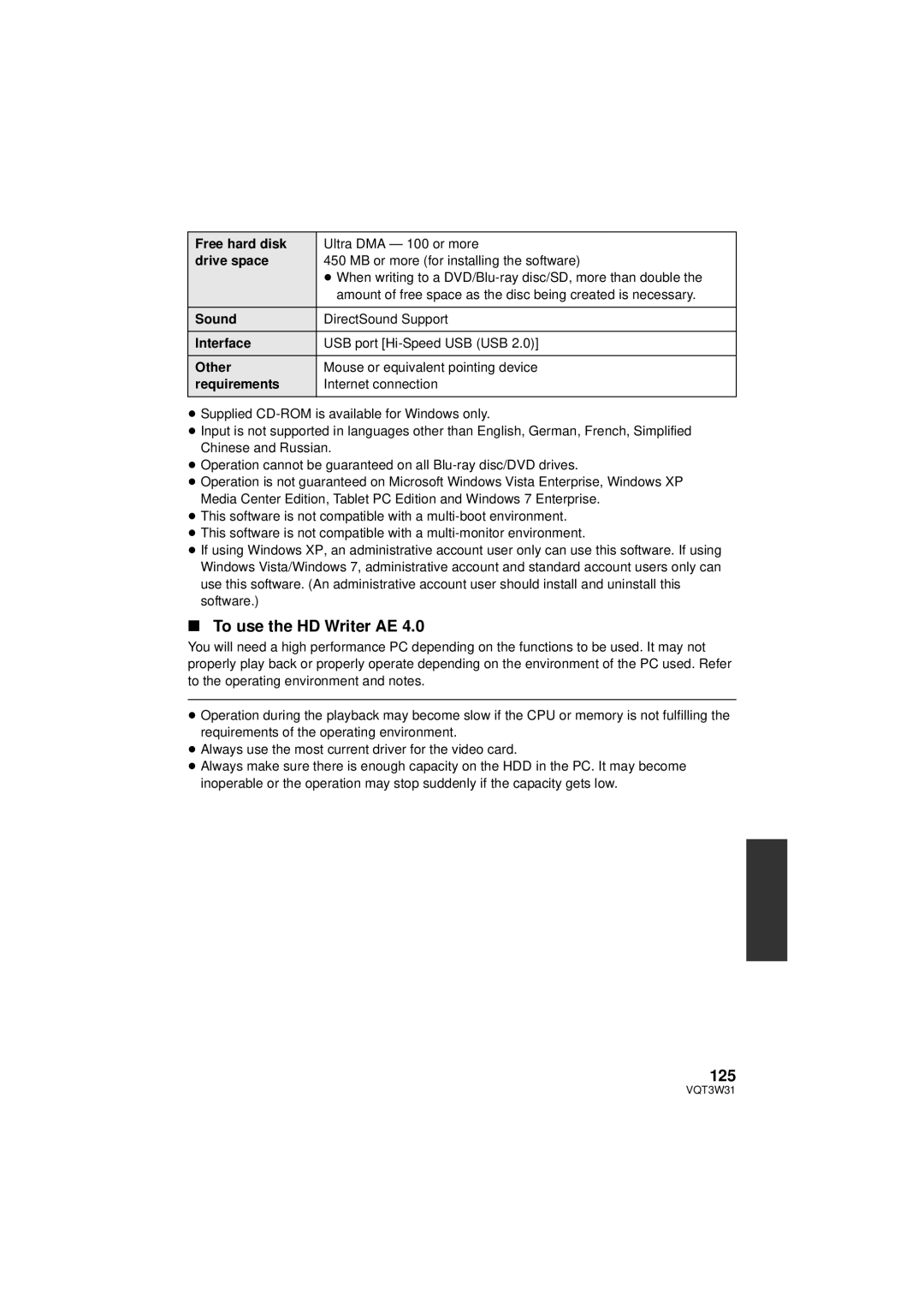 Panasonic HC-V500M owner manual To use the HD Writer AE, 125 