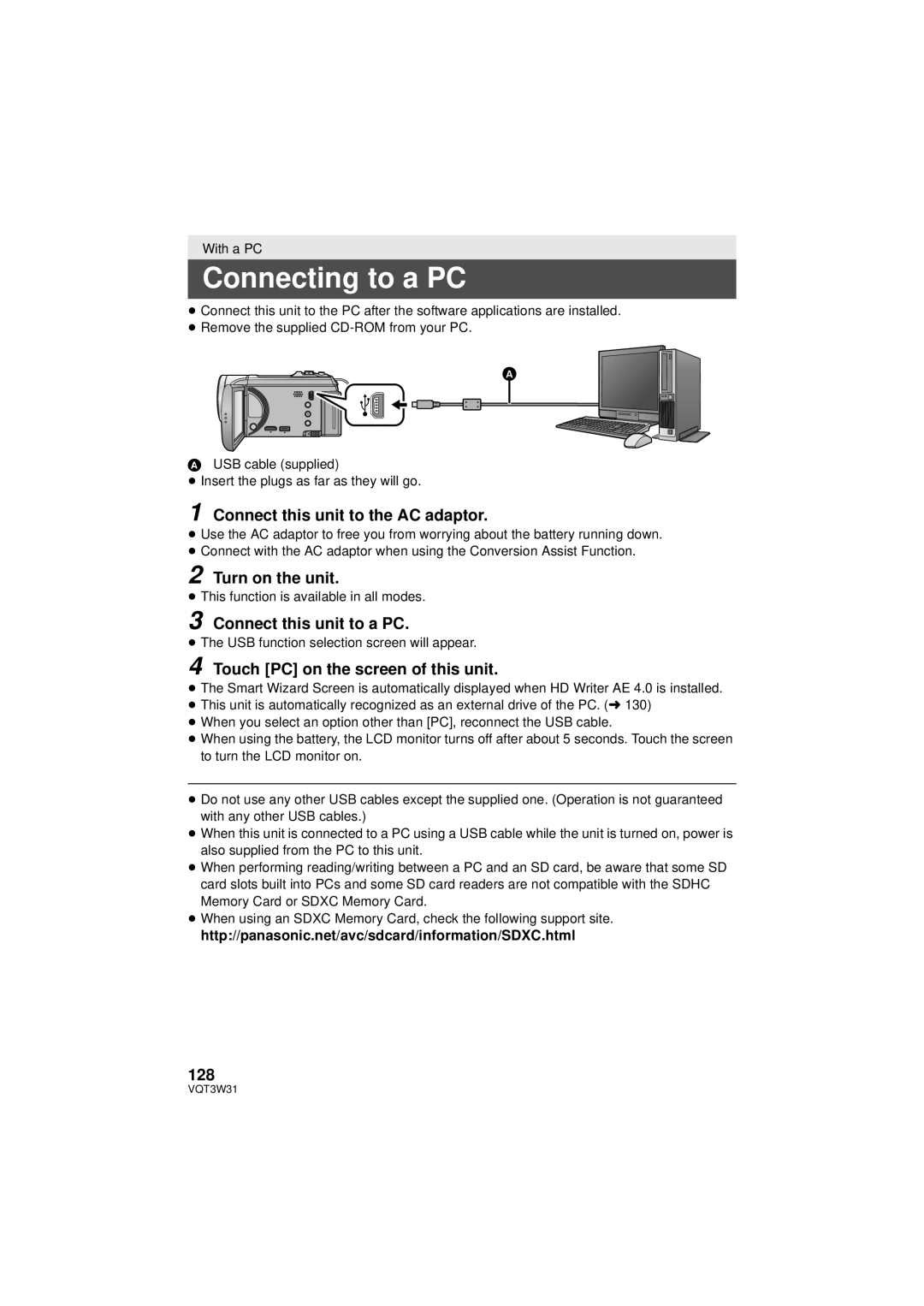 Panasonic HC-V500M owner manual Connecting to a PC 