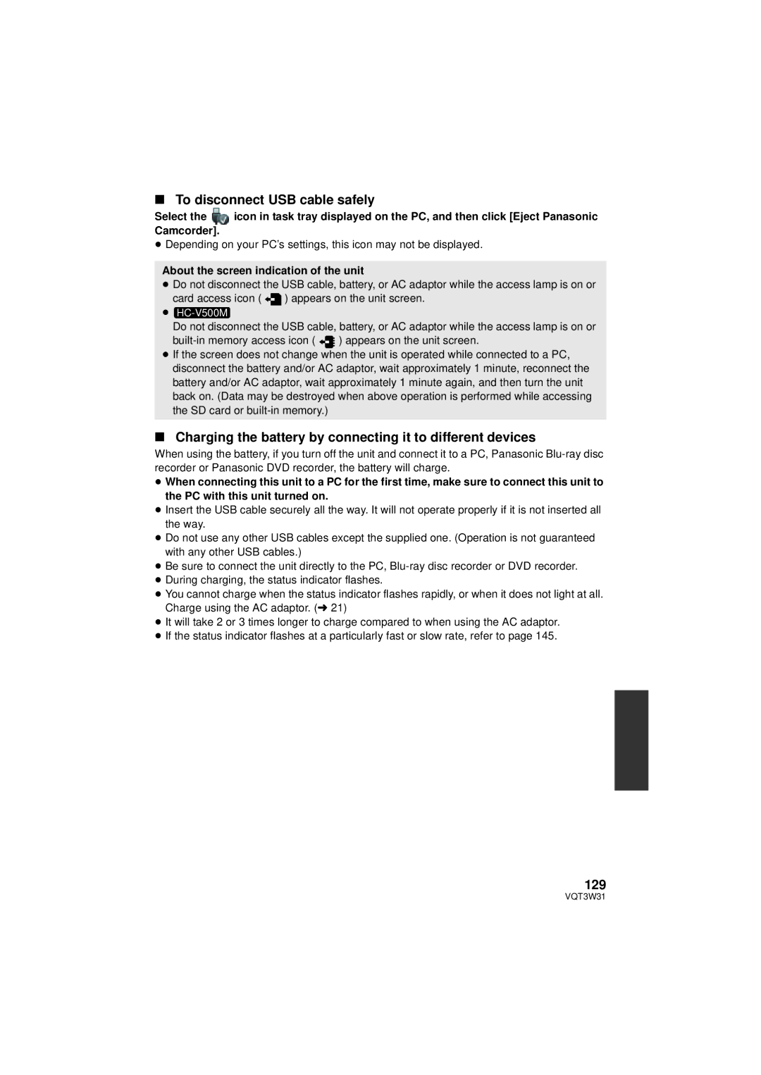 Panasonic HC-V500 To disconnect USB cable safely, Charging the battery by connecting it to different devices, 129 