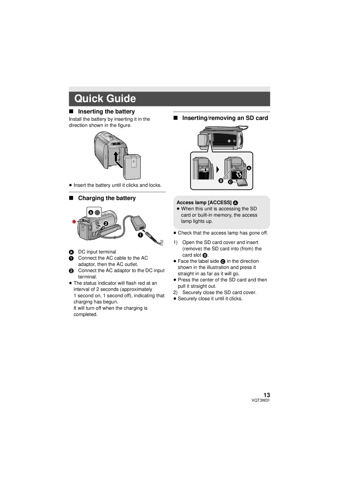 Panasonic HC-V500M owner manual Quick Guide, Inserting the battery, Charging the battery, Inserting/removing an SD card 