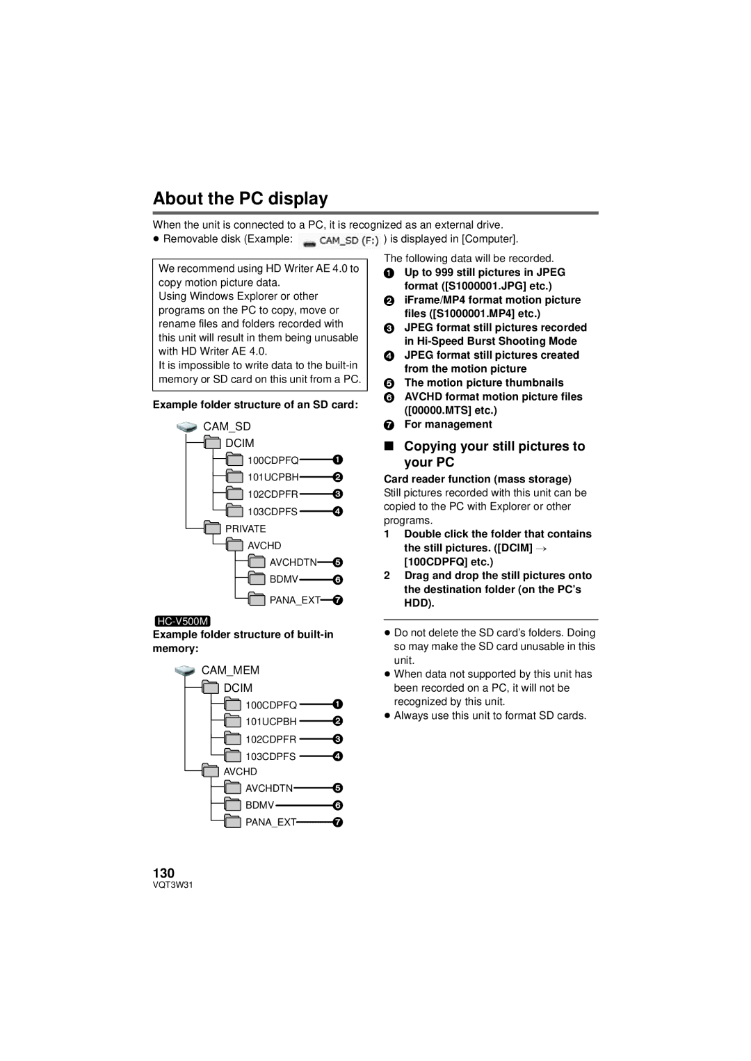 Panasonic HC-V500M owner manual About the PC display, Copying your still pictures to Your PC, 130 