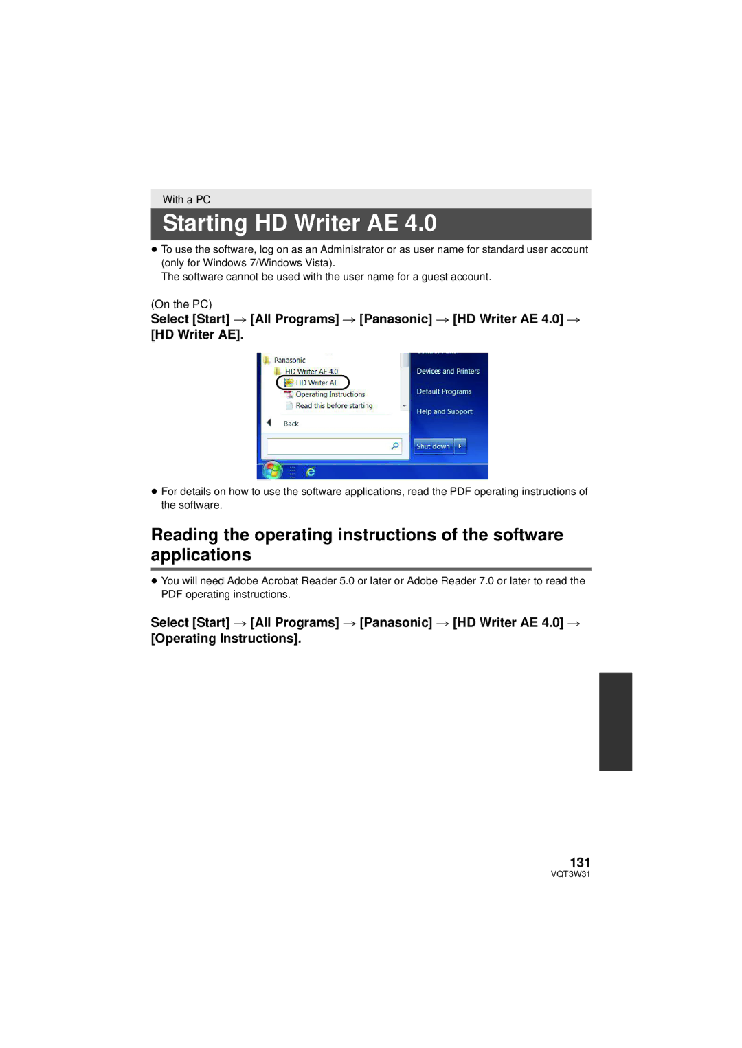 Panasonic HC-V500M owner manual Starting HD Writer AE, Select Start # All Programs # Panasonic # HD Writer AE 4.0 # 