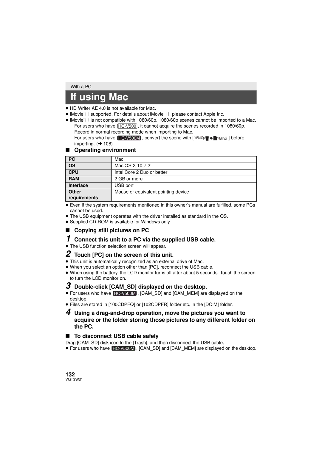 Panasonic HC-V500M owner manual If using Mac, Operating environment, Double-click Camsd displayed on the desktop, 132 