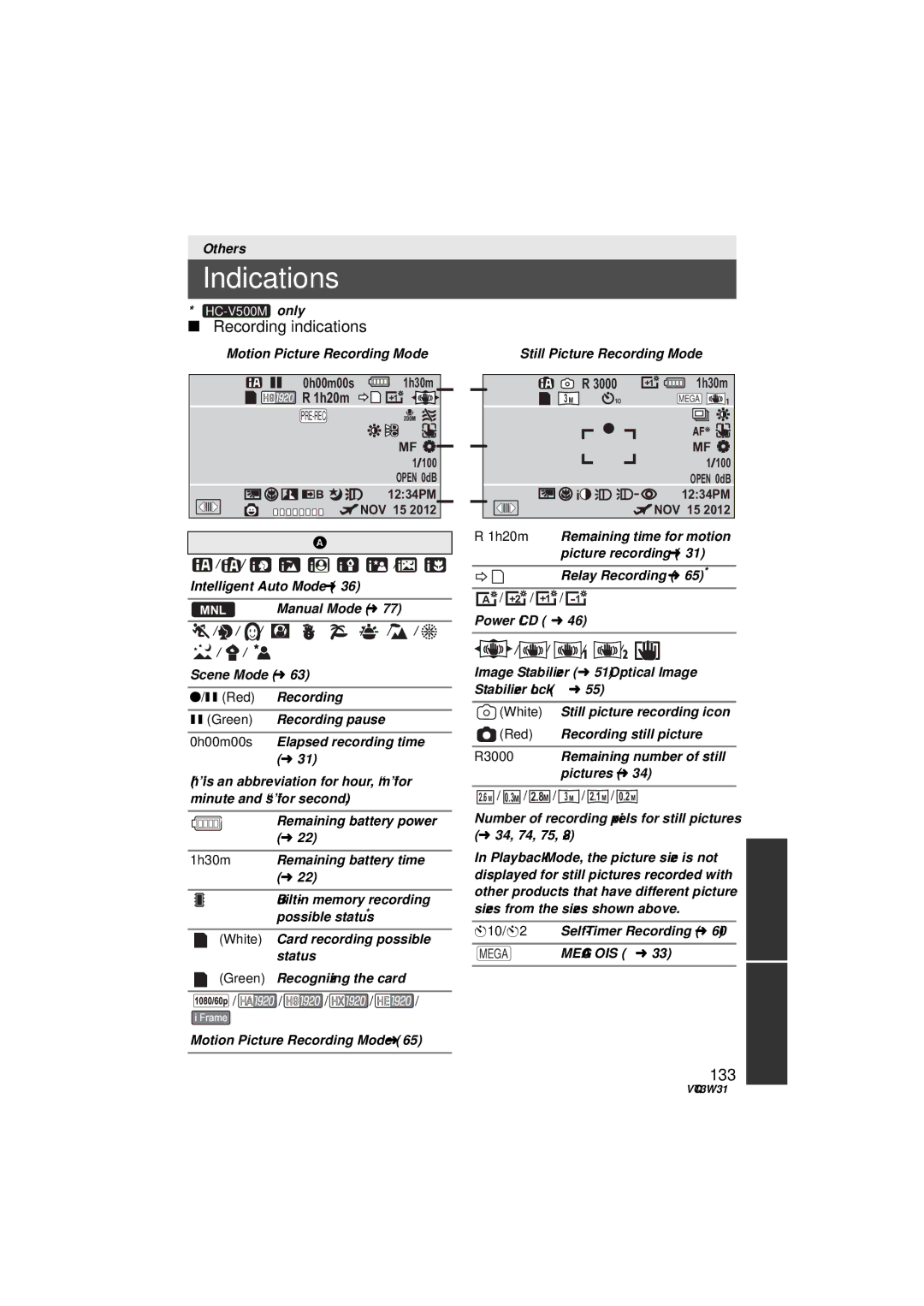 Panasonic HC-V500M owner manual Indications, Recording indications, 133, 3000 1h30m 1h20m 