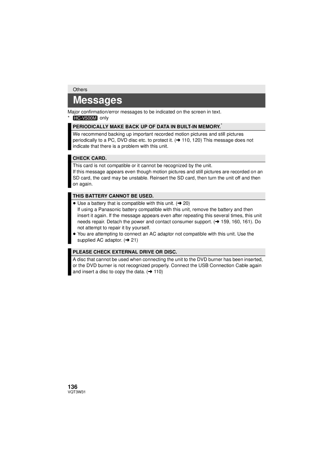 Panasonic HC-V500M owner manual Messages, 136 