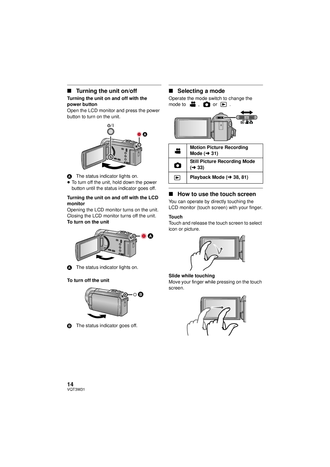 Panasonic HC-V500M owner manual Turning the unit on/off, Selecting a mode, How to use the touch screen 