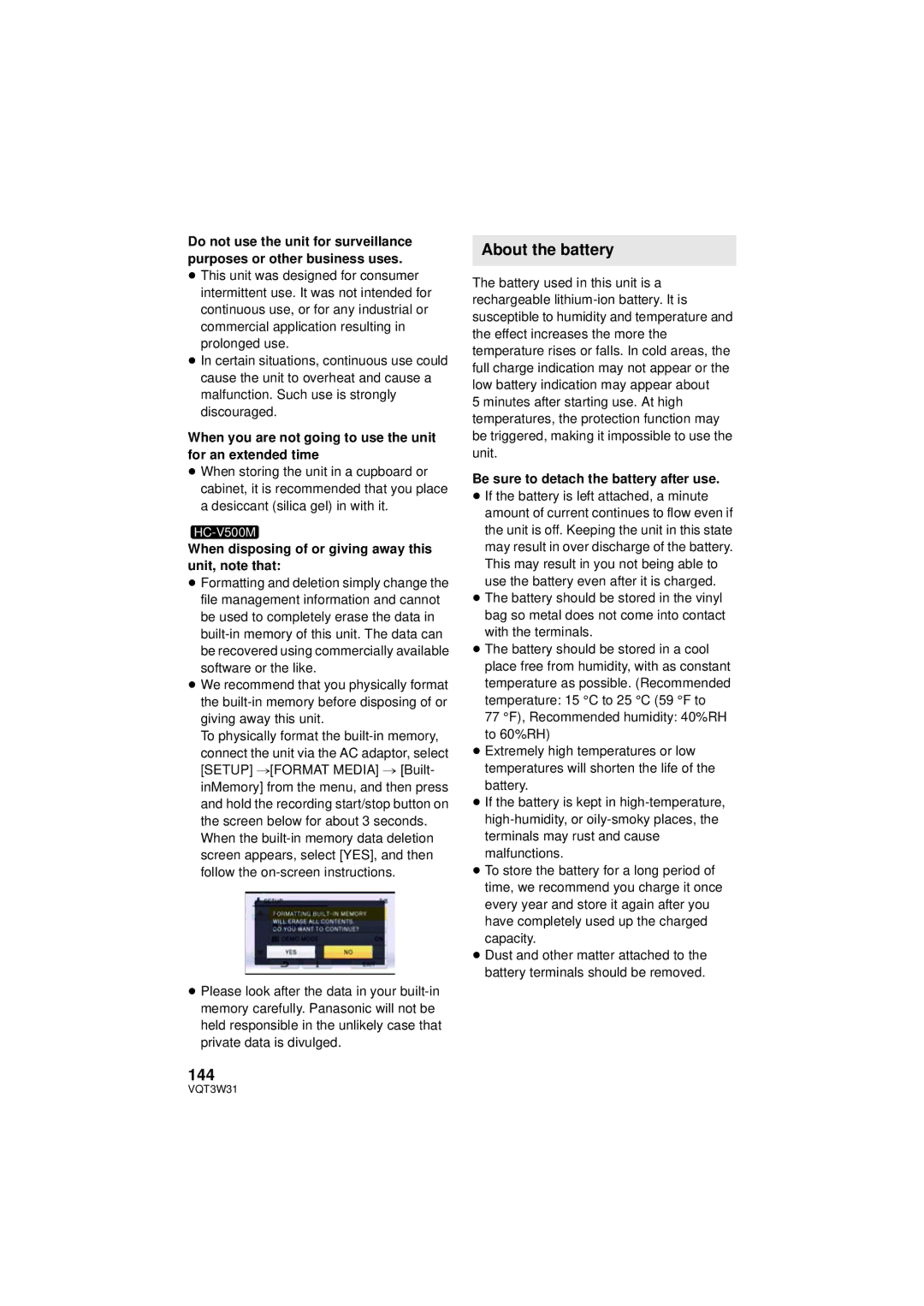 Panasonic HC-V500M owner manual About the battery, When you are not going to use the unit for an extended time 