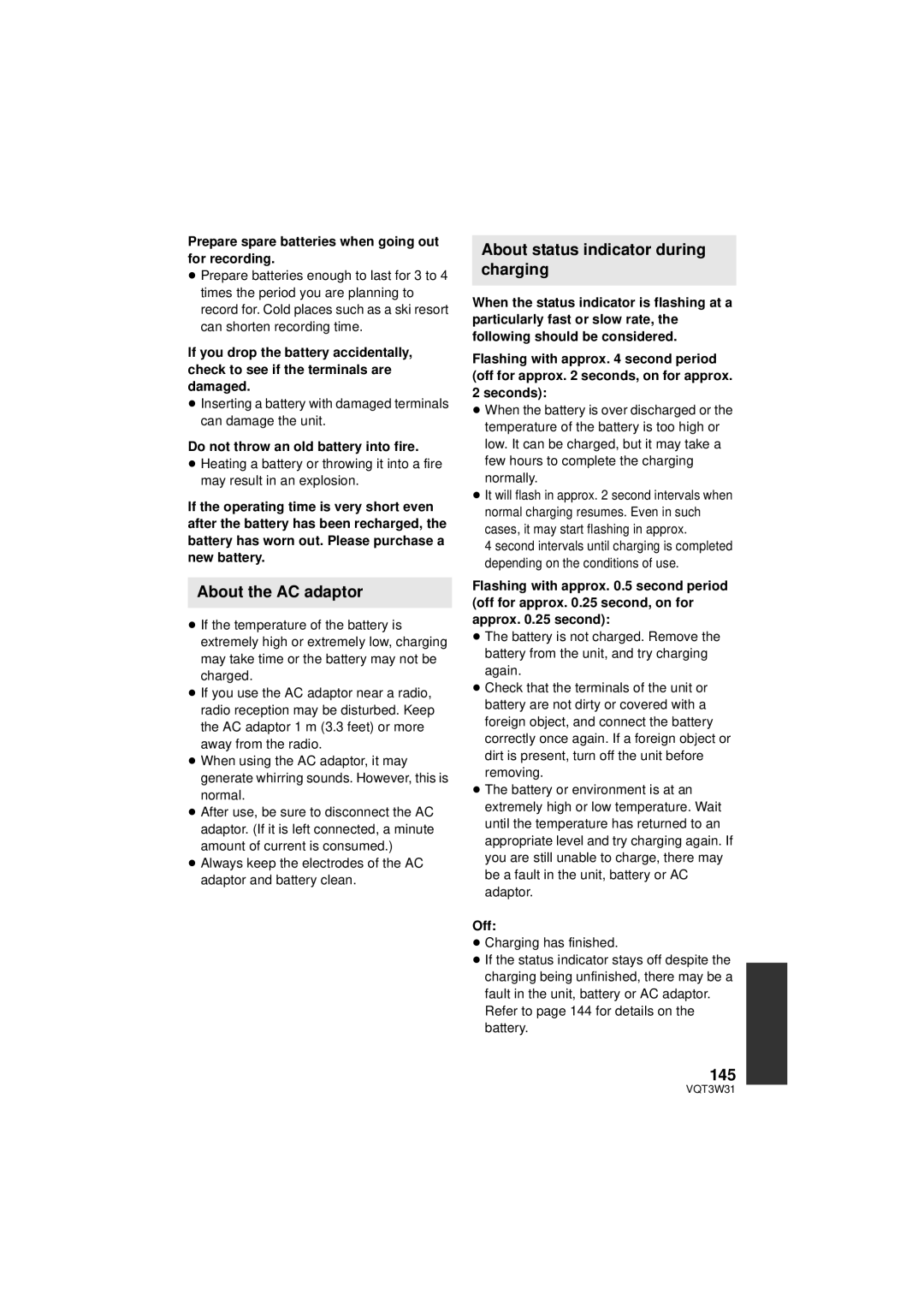 Panasonic HC-V500M owner manual About the AC adaptor, About status indicator during charging, 145 