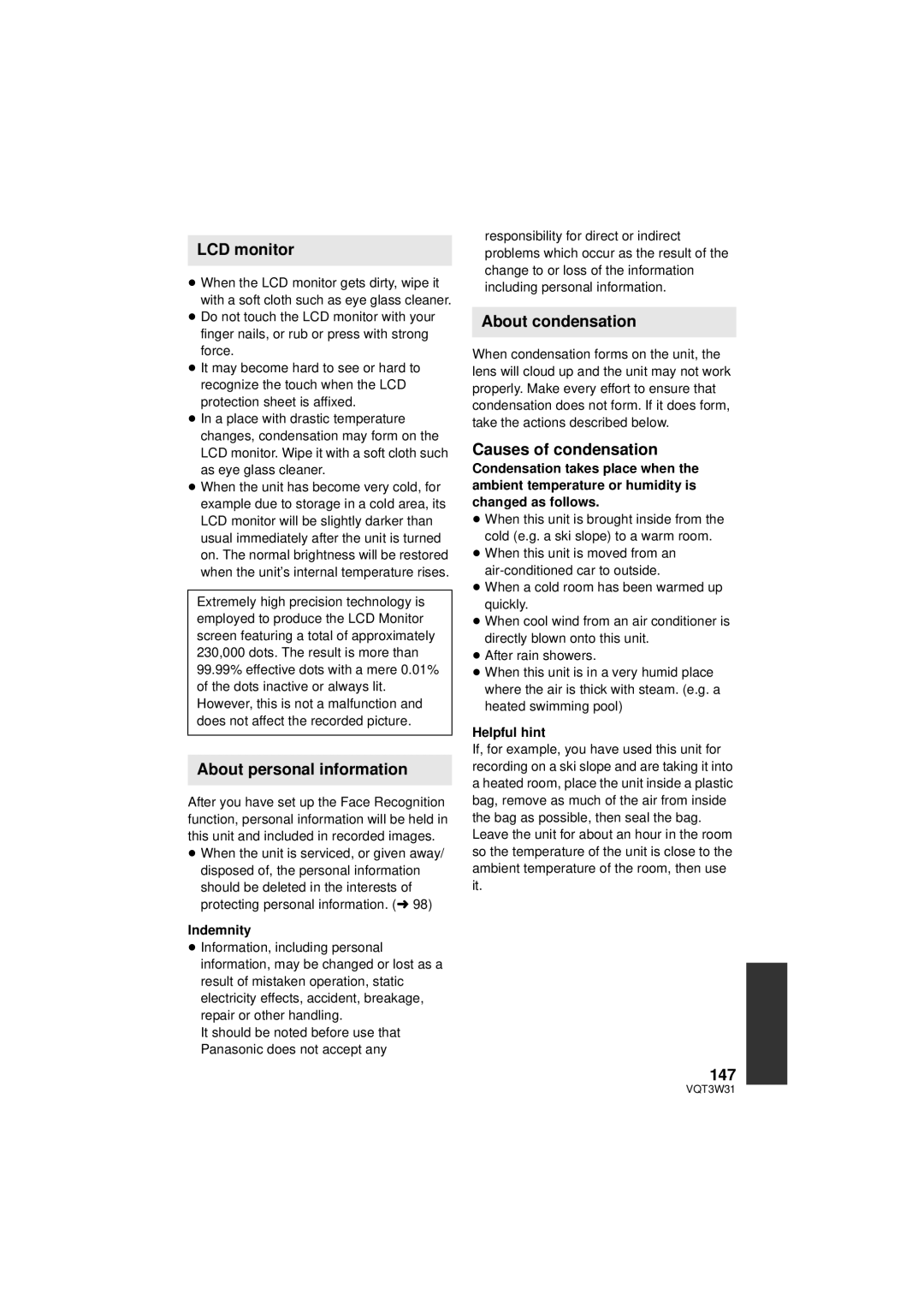 Panasonic HC-V500M owner manual LCD monitor, About personal information, About condensation, Causes of condensation, 147 