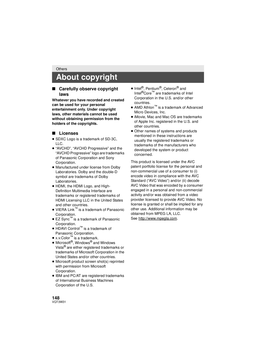 Panasonic HC-V500M owner manual About copyright, Carefully observe copyright Laws, Licenses, 148 