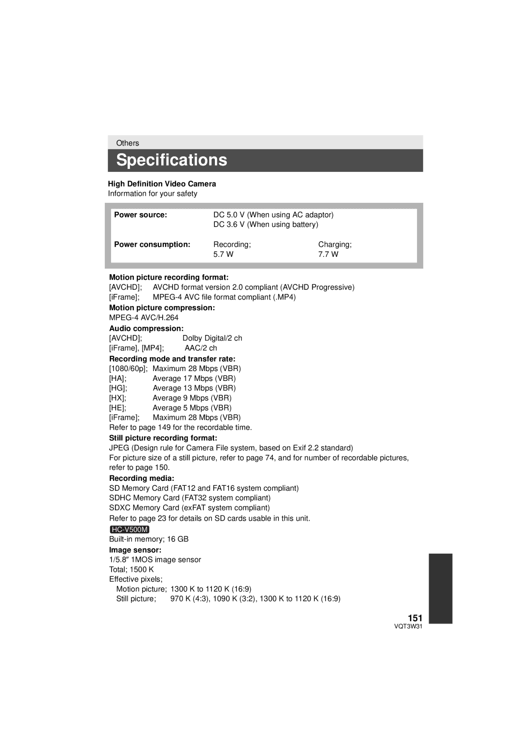 Panasonic HC-V500M owner manual Specifications, 151 