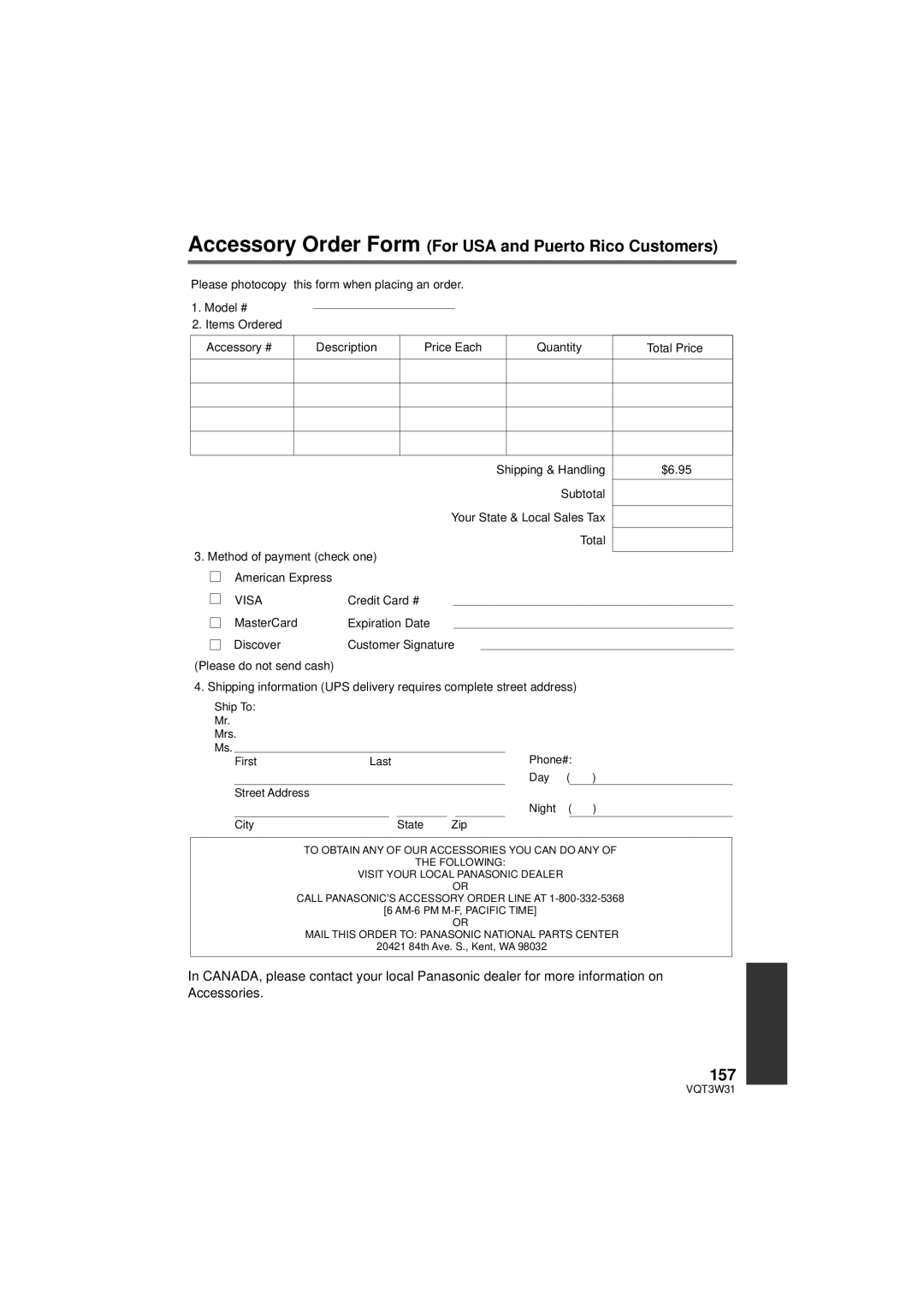 Panasonic HC-V500M owner manual Accessory Order Form For USA and Puerto Rico Customers, 157 