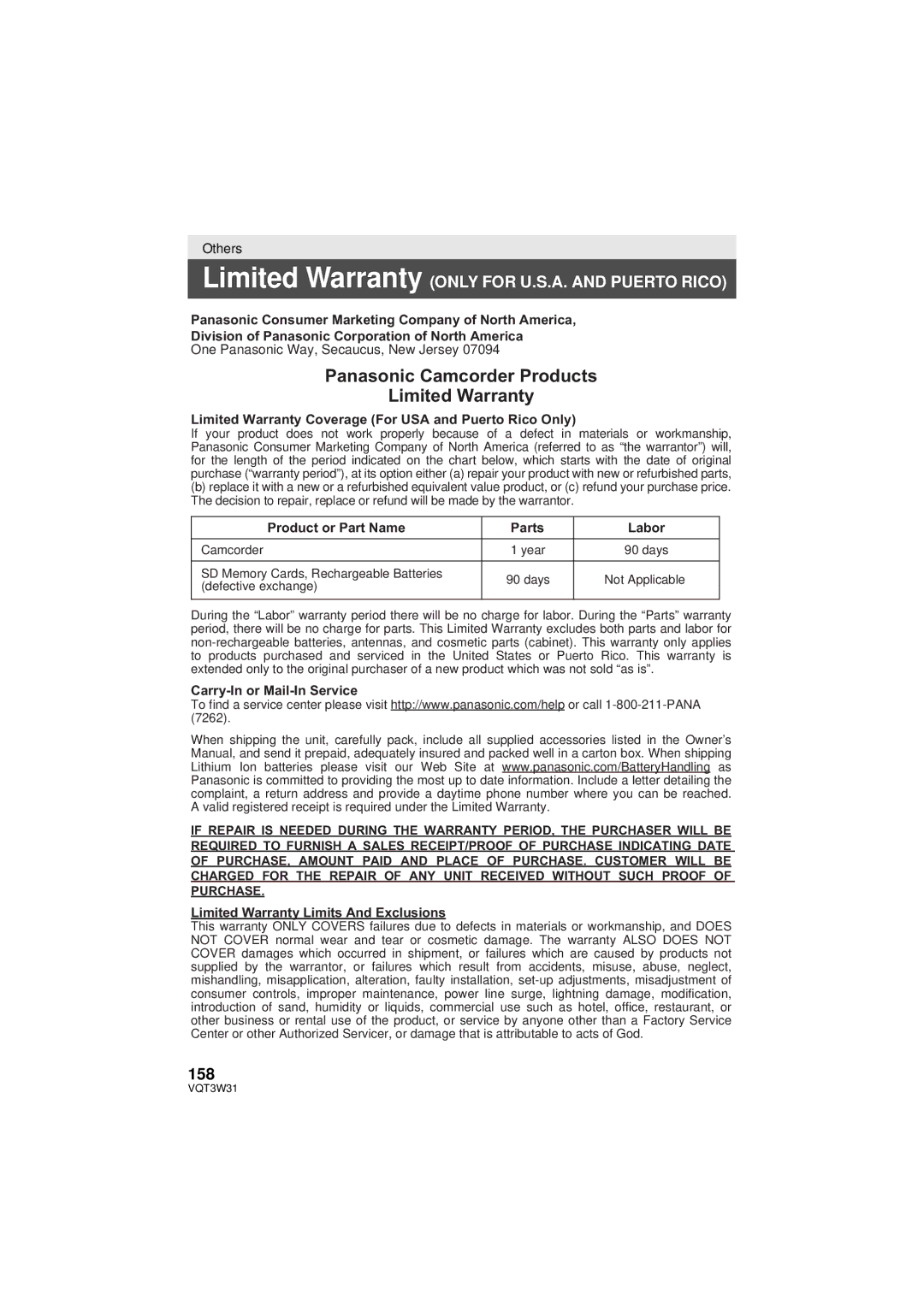 Panasonic HC-V500M 158, Limited Warranty Coverage For USA and Puerto Rico Only, Product or Part Name Parts Labor 