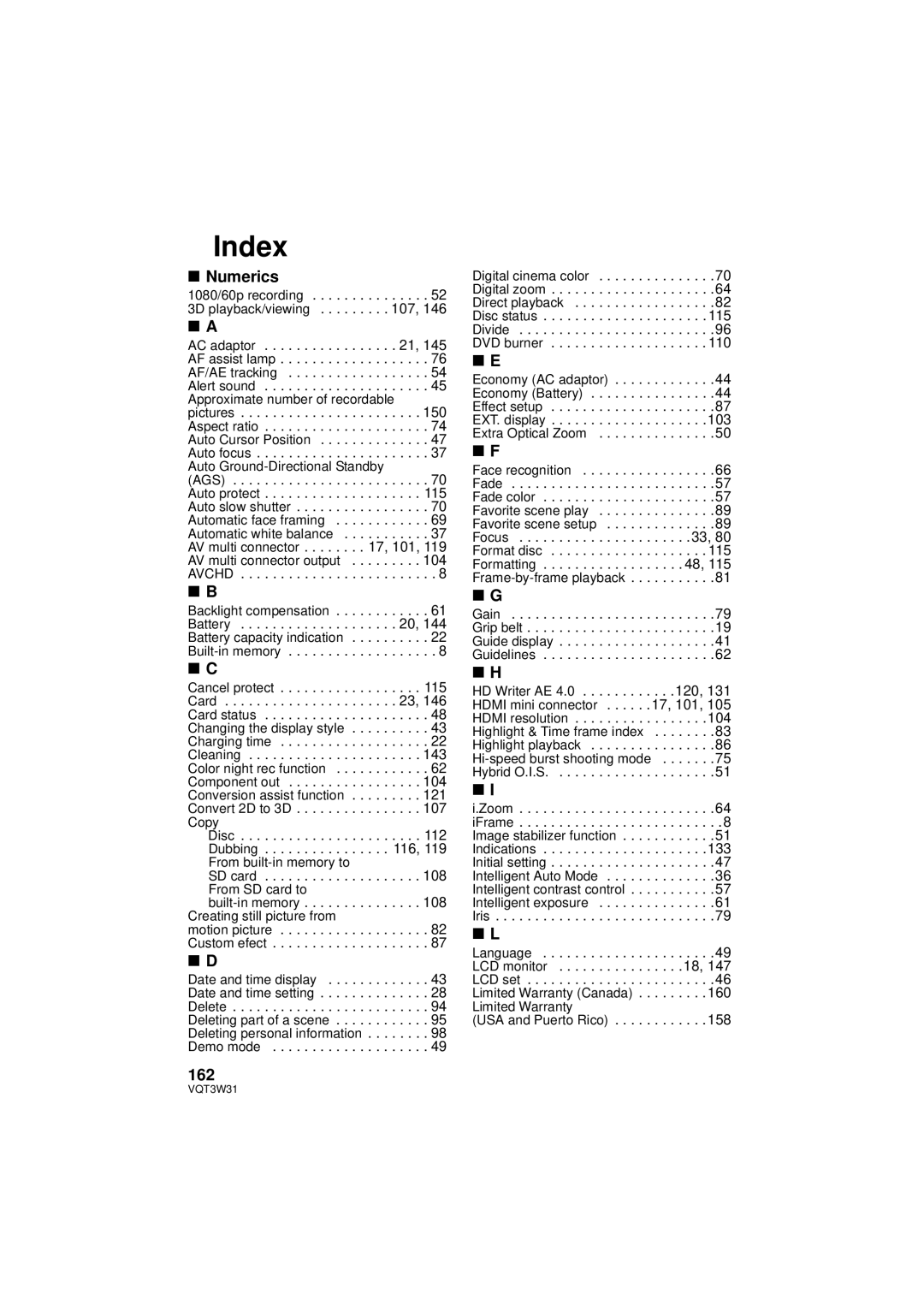 Panasonic HC-V500M owner manual Numerics, 162 