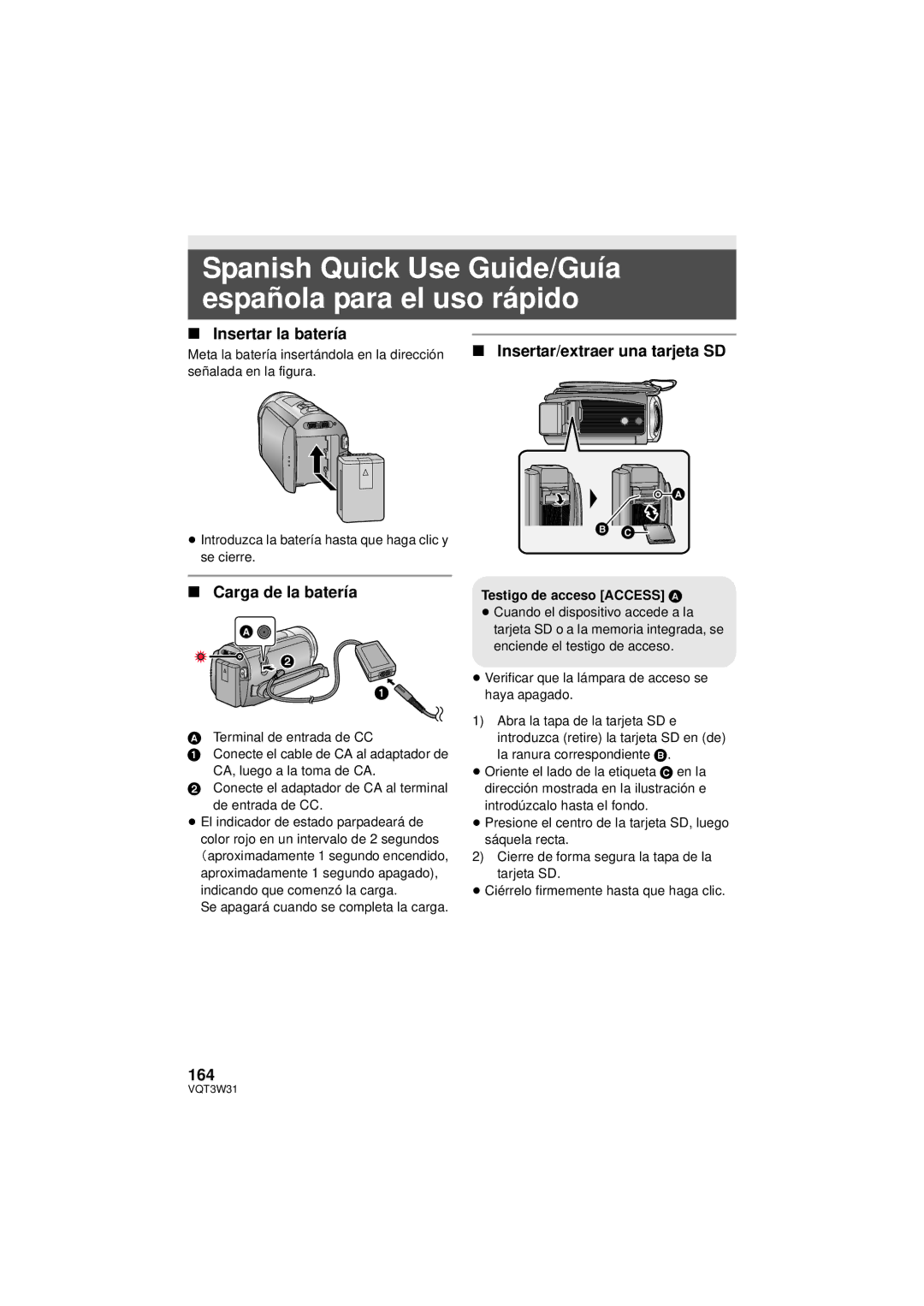 Panasonic HC-V500M Spanish Quick Use Guide/Guía española para el uso rápido, Insertar la batería, Carga de la batería, 164 