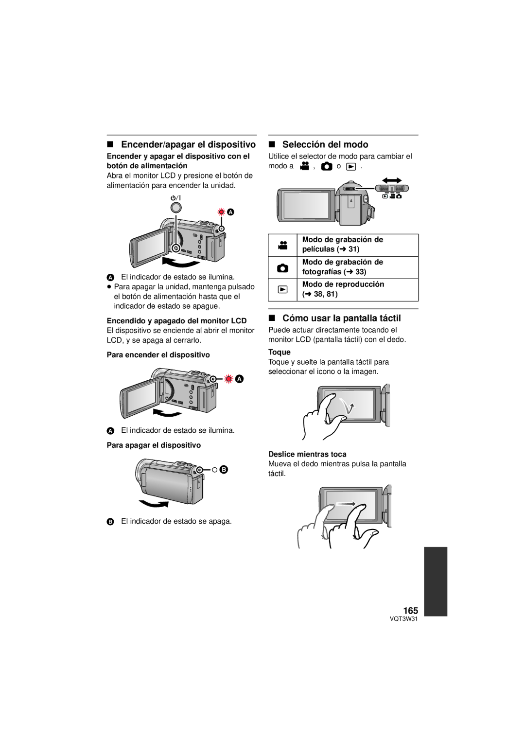 Panasonic HC-V500M owner manual Encender/apagar el dispositivo, Selección del modo, Cómo usar la pantalla táctil, 165 