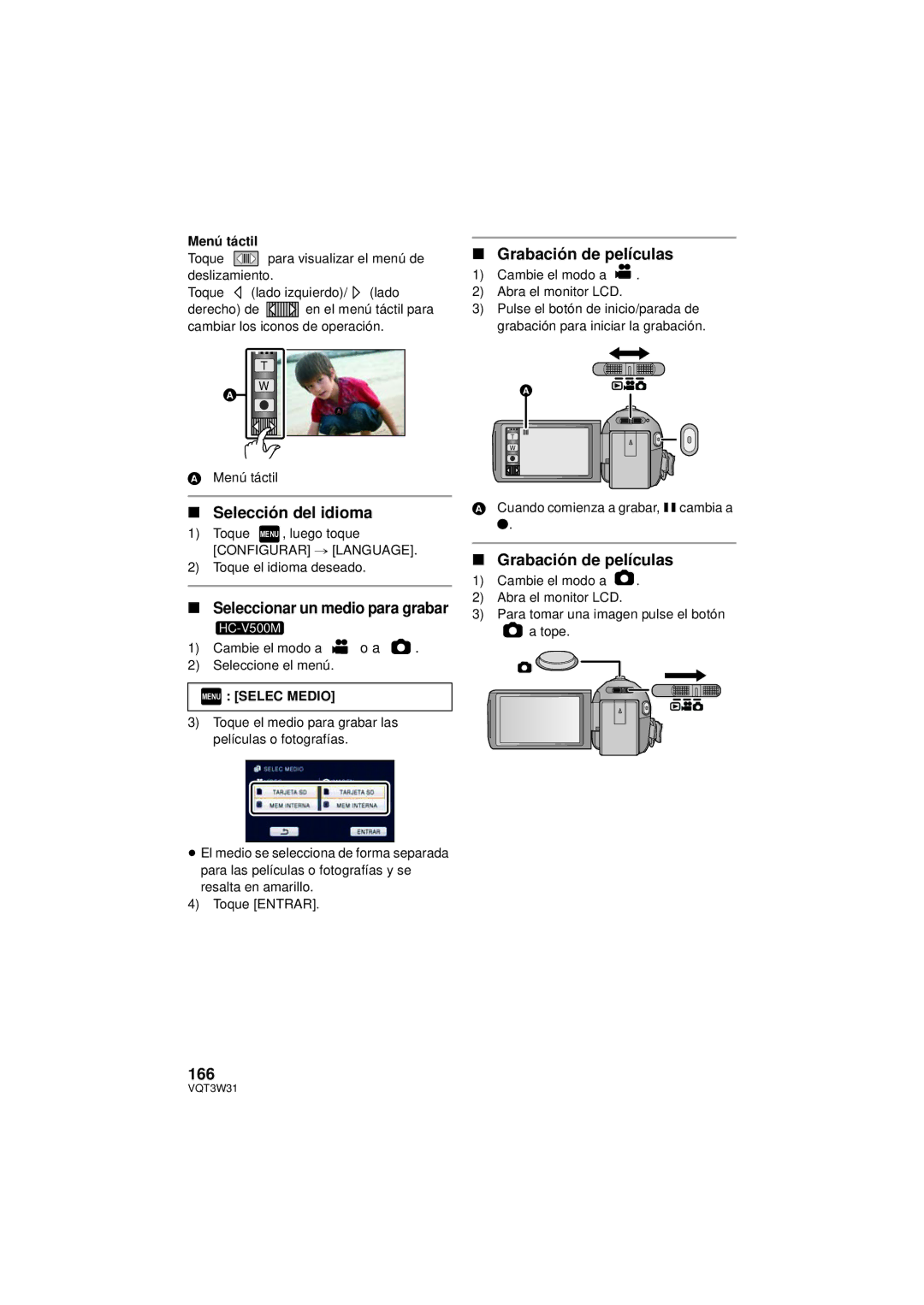 Panasonic HC-V500M owner manual Selección del idioma, Grabación de películas, Seleccionar un medio para grabar, Menú táctil 