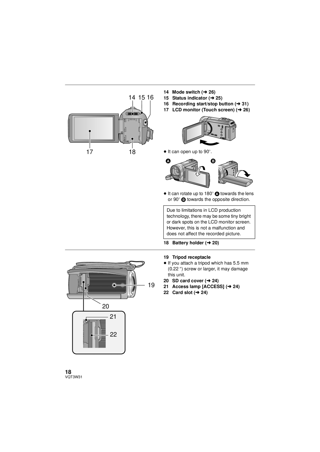 Panasonic HC-V500M owner manual  , ≥ It can open up to 90o, Battery holder l Tripod receptacle 