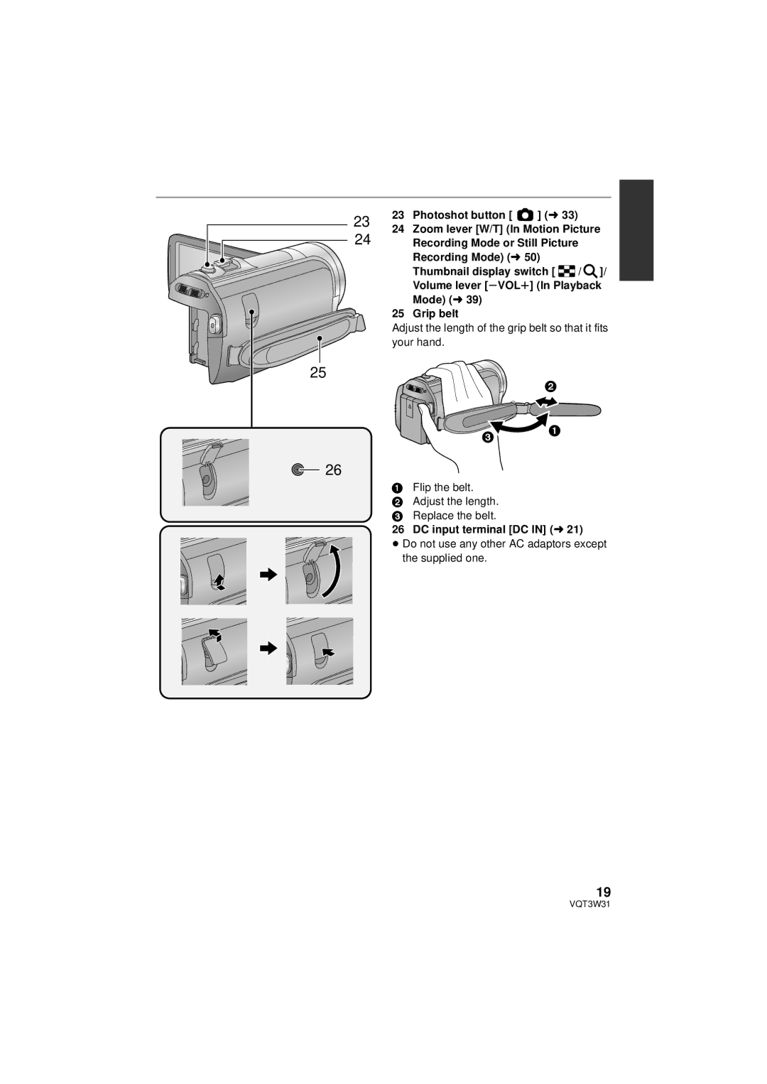 Panasonic HC-V500M owner manual  , Flip the belt Adjust the length Replace the belt, DC input terminal DC in l 