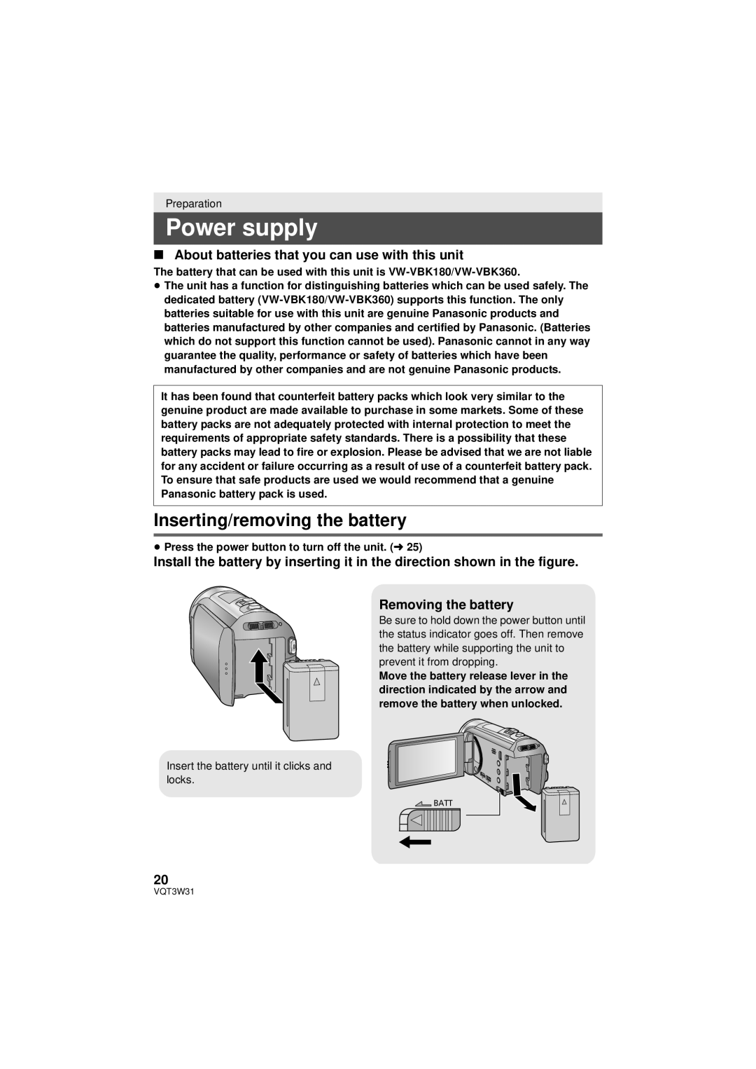 Panasonic HC-V500M Power supply, Inserting/removing the battery, About batteries that you can use with this unit 