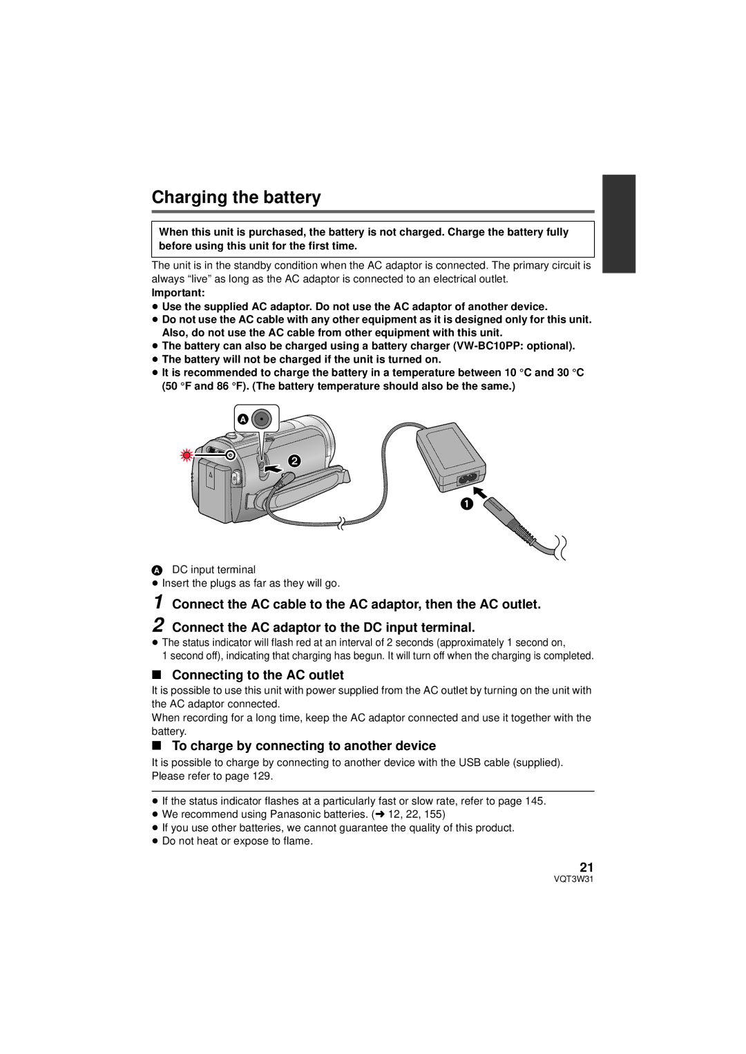 Panasonic HC-V500M owner manual Charging the battery, Connect the AC cable to the AC adaptor, then the AC outlet 