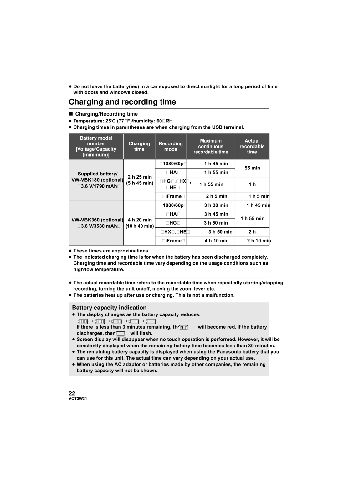 Panasonic HC-V500M owner manual Charging and recording time, Battery capacity indication, Charging/Recording time 