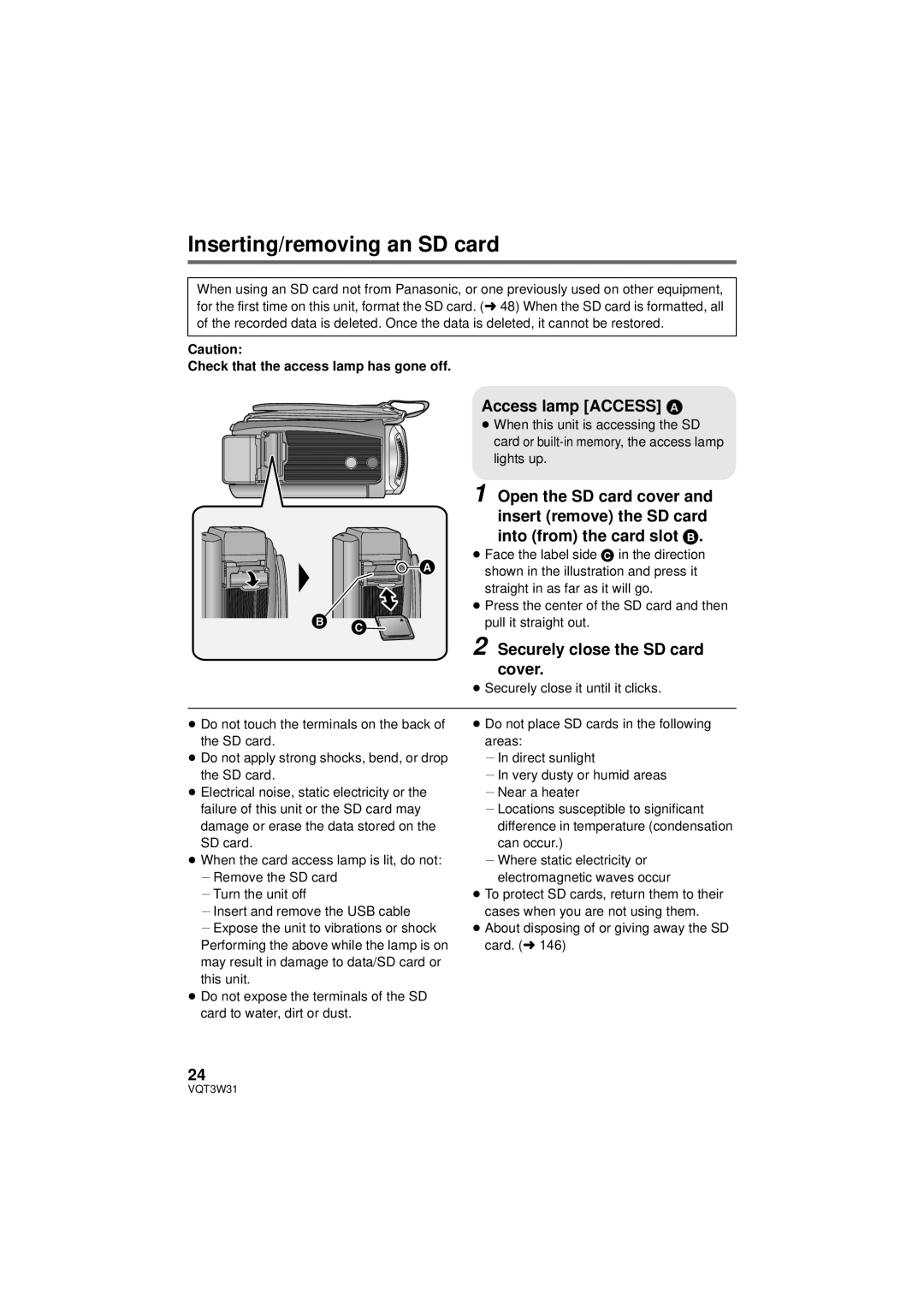 Panasonic HC-V500M owner manual Inserting/removing an SD card,   Access lamp Access a, Securely close the SD card cover 