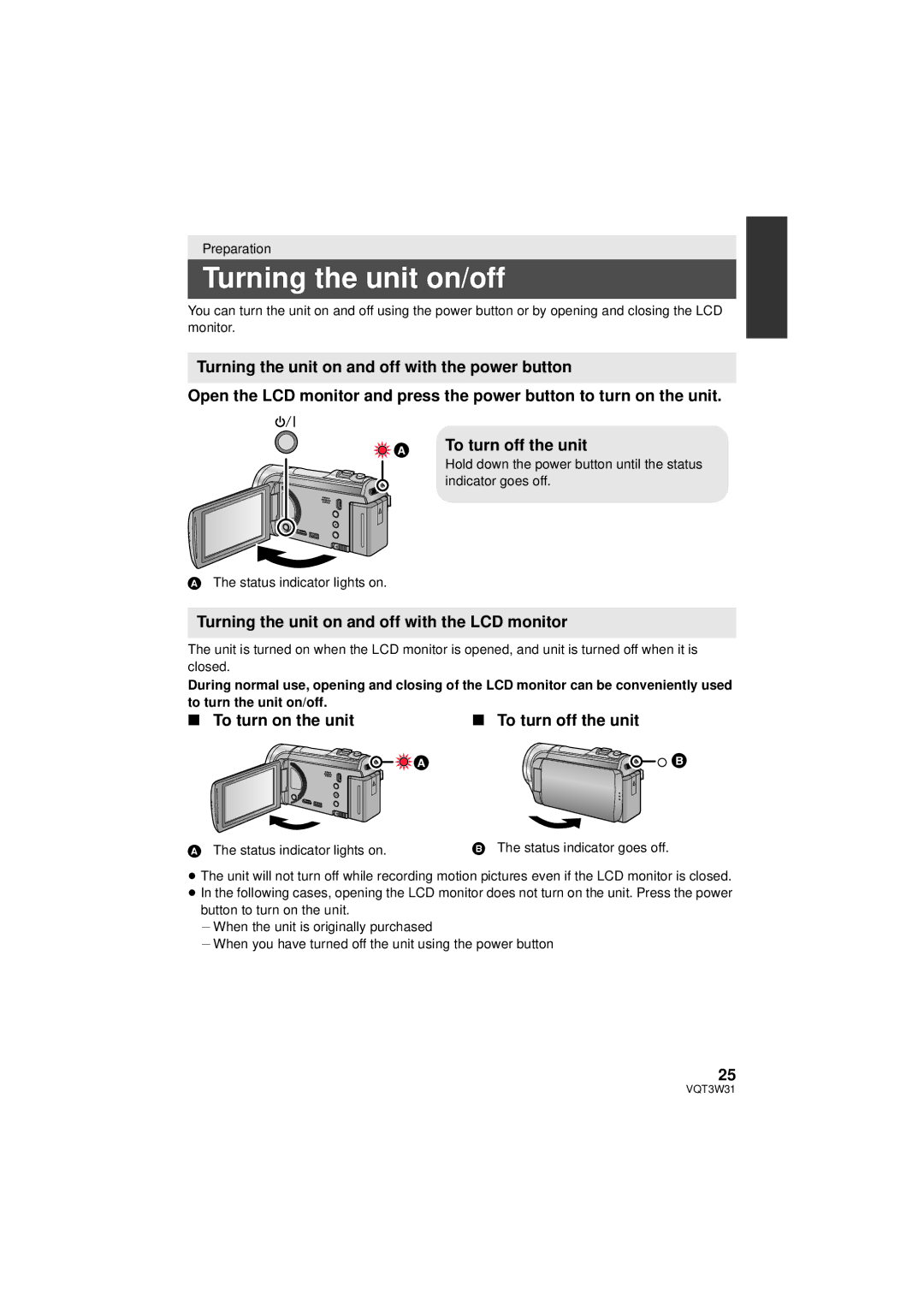 Panasonic HC-V500M owner manual Turning the unit on/off, Turning the unit on and off with the LCD monitor 