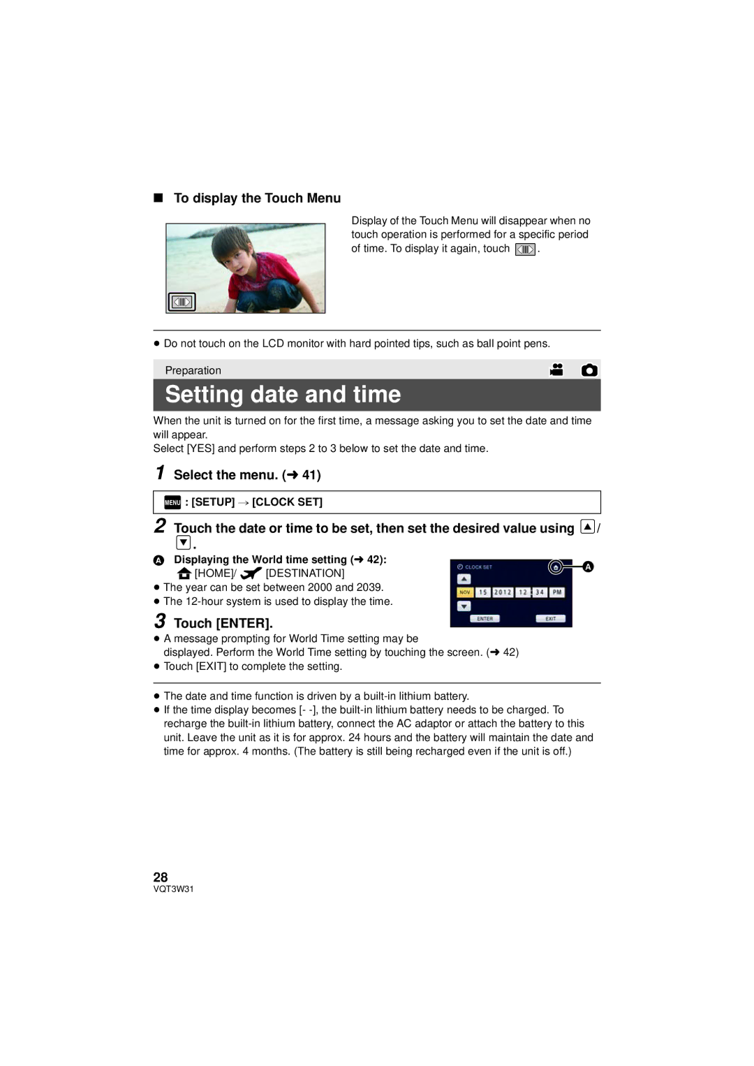 Panasonic HC-V500M owner manual Setting date and time, To display the Touch Menu, Select the menu. l, Touch Enter 