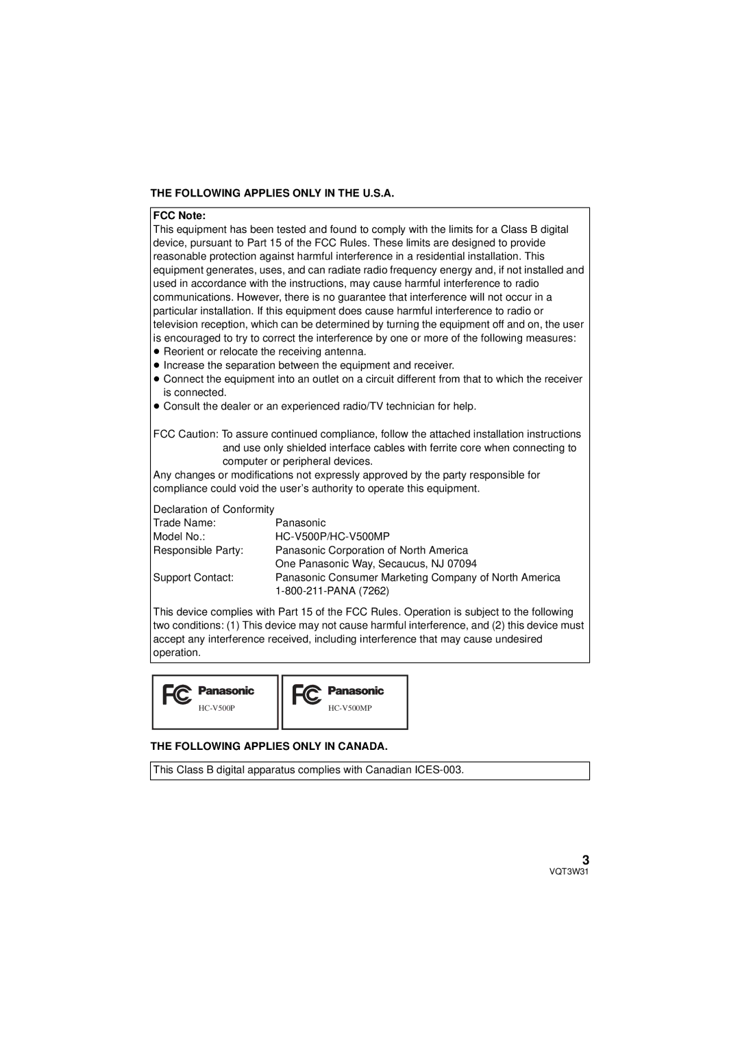 Panasonic HC-V500M owner manual Following Applies only in the U.S.A, FCC Note, Computer or peripheral devices, Pana 