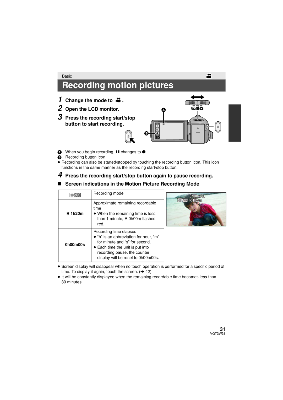 Panasonic HC-V500M owner manual Recording motion pictures 