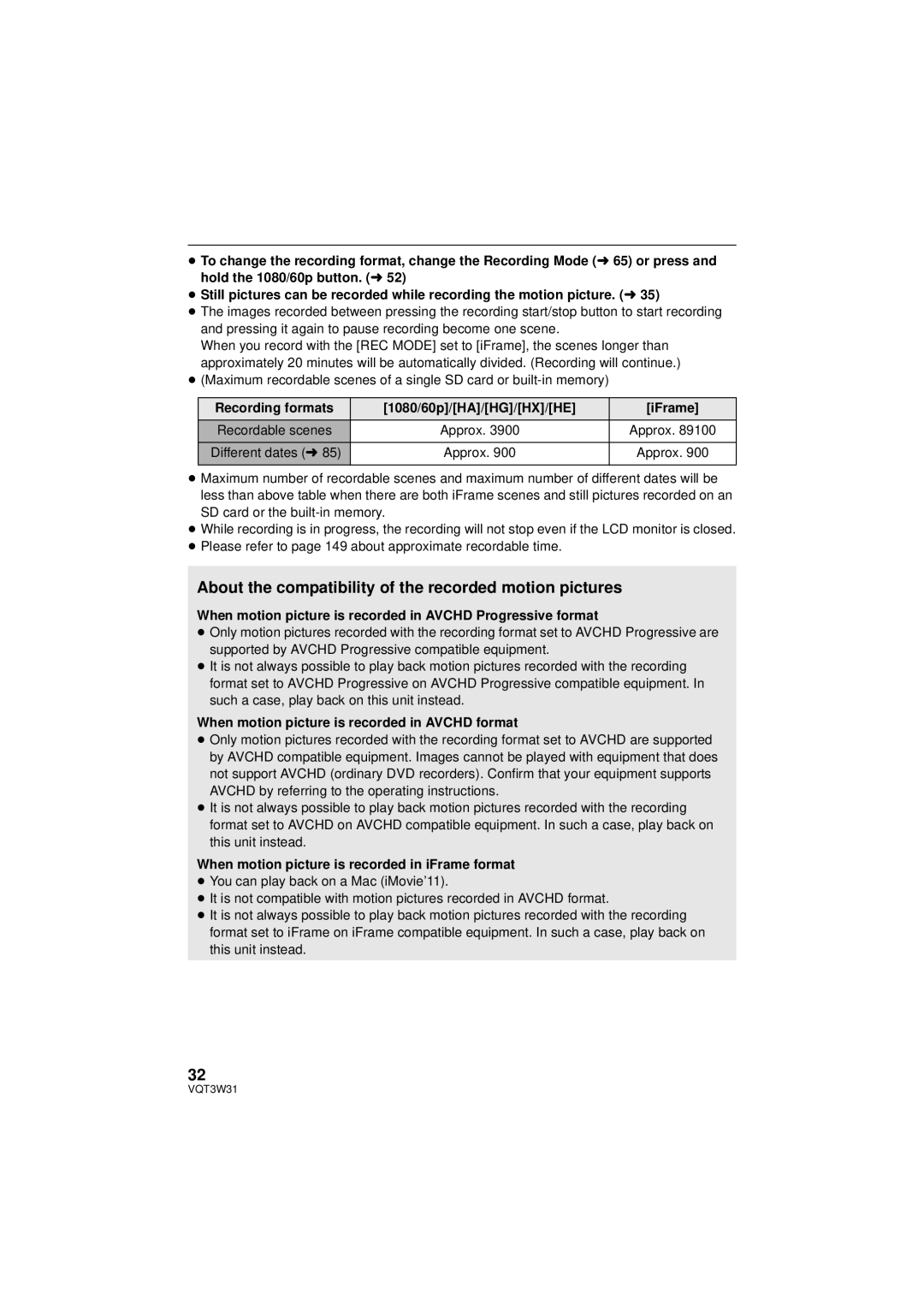 Panasonic HC-V500M About the compatibility of the recorded motion pictures, Recording formats 1080/60p/HA/HG/HX/HE IFrame 